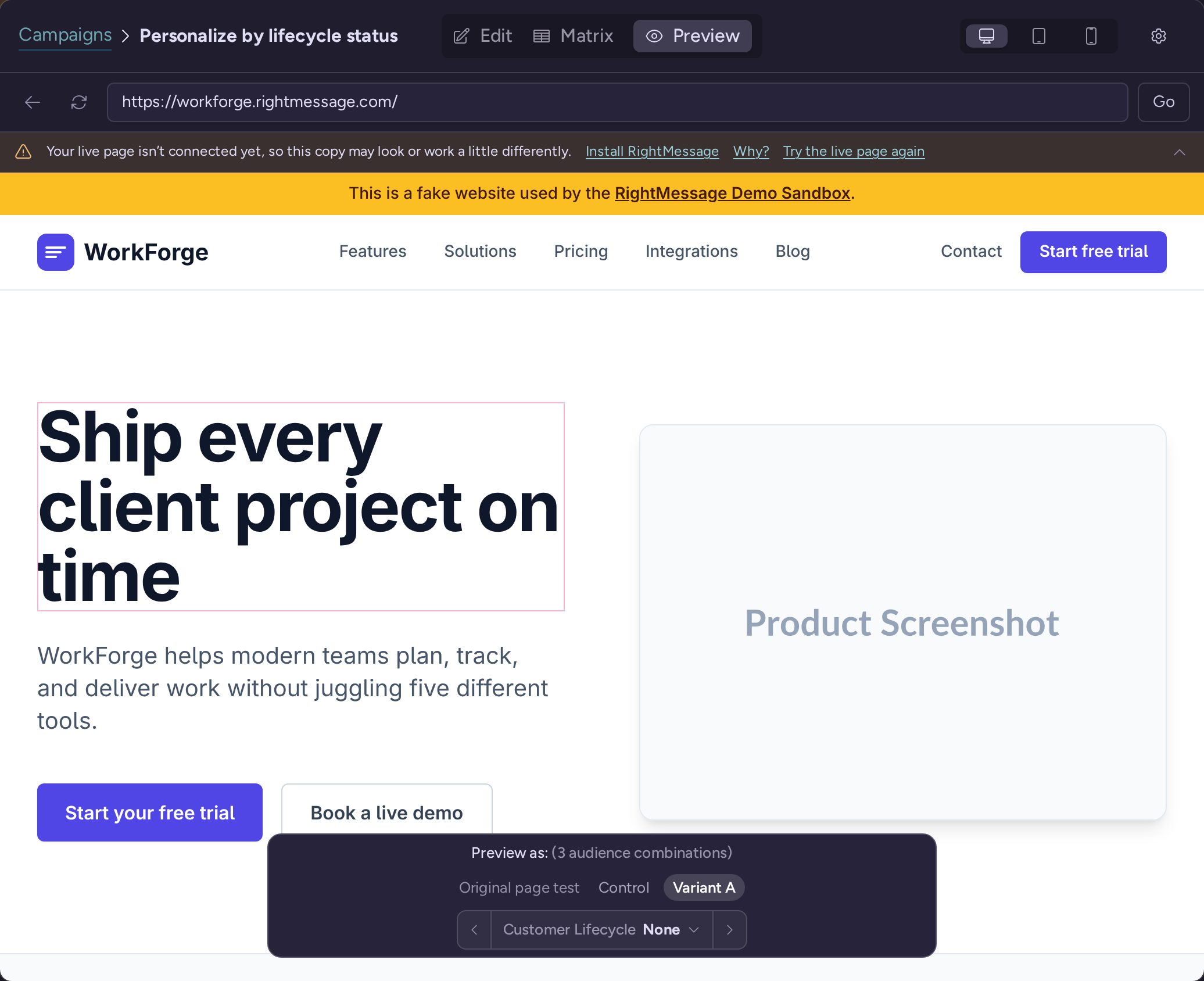 Preview as controls with the Original page test group set to Variant A and the tested headline on the page