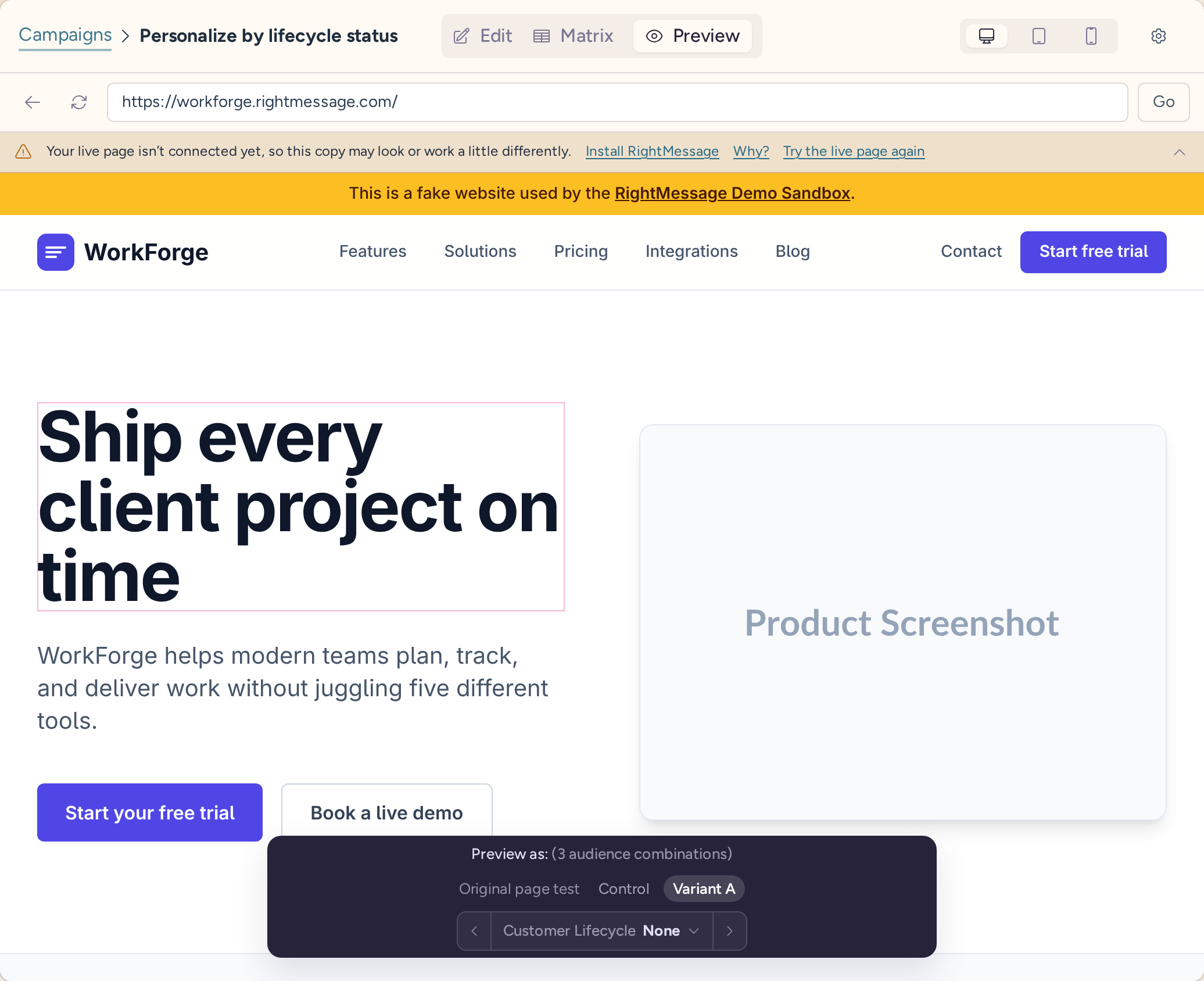 Preview as controls with the Original page test group set to Variant A and the tested headline on the page