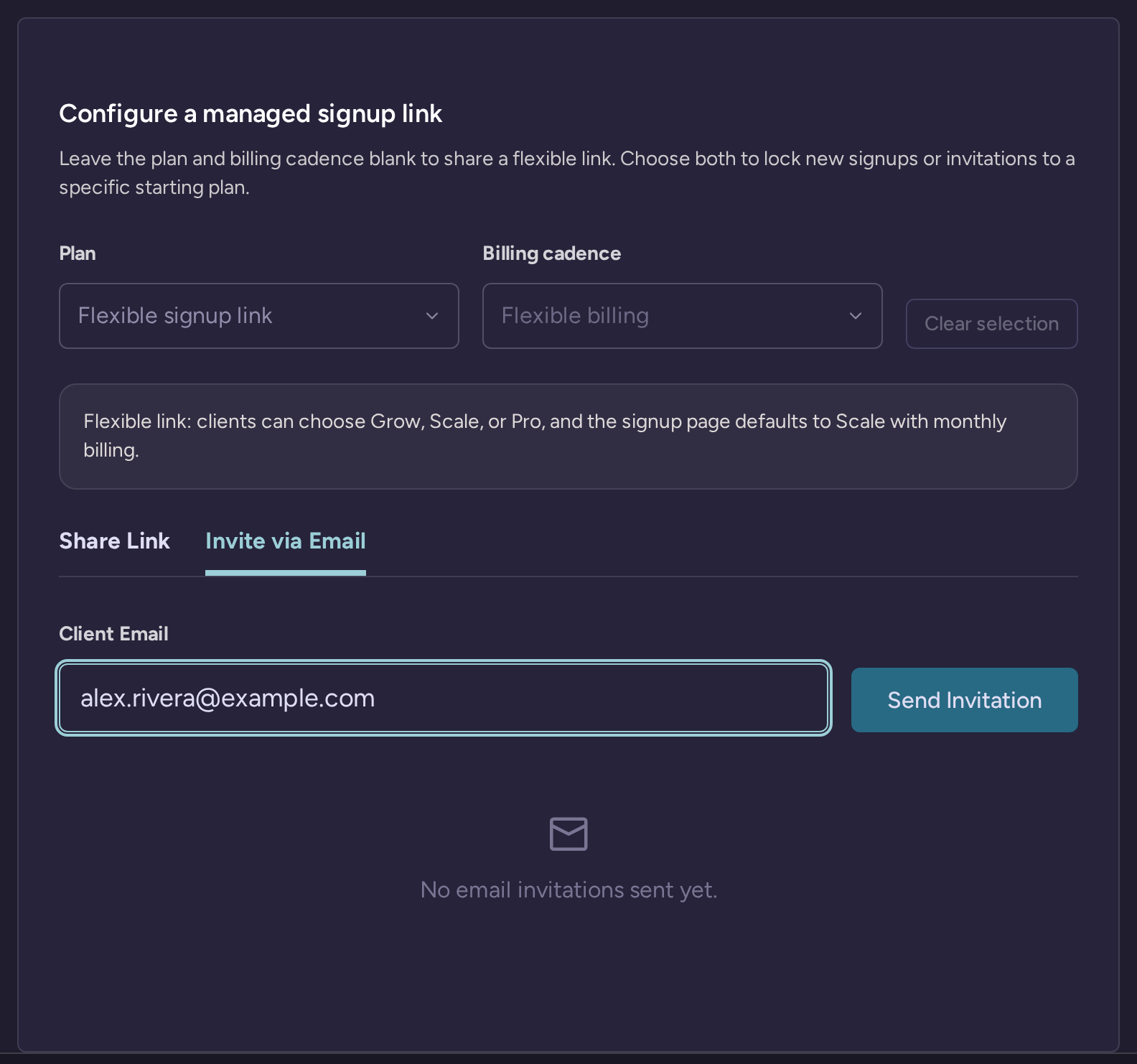 Agency client invitation draft with an example email, flexible plan and billing cadence controls