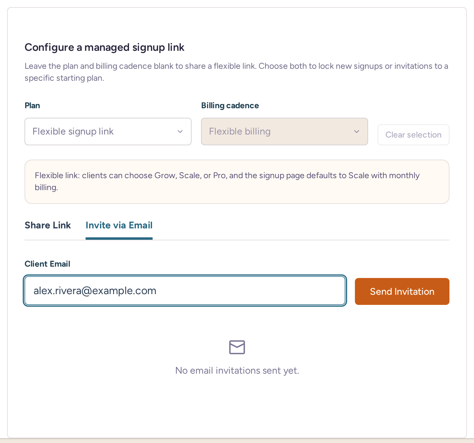 Agency client invitation draft with an example email, flexible plan and billing cadence controls