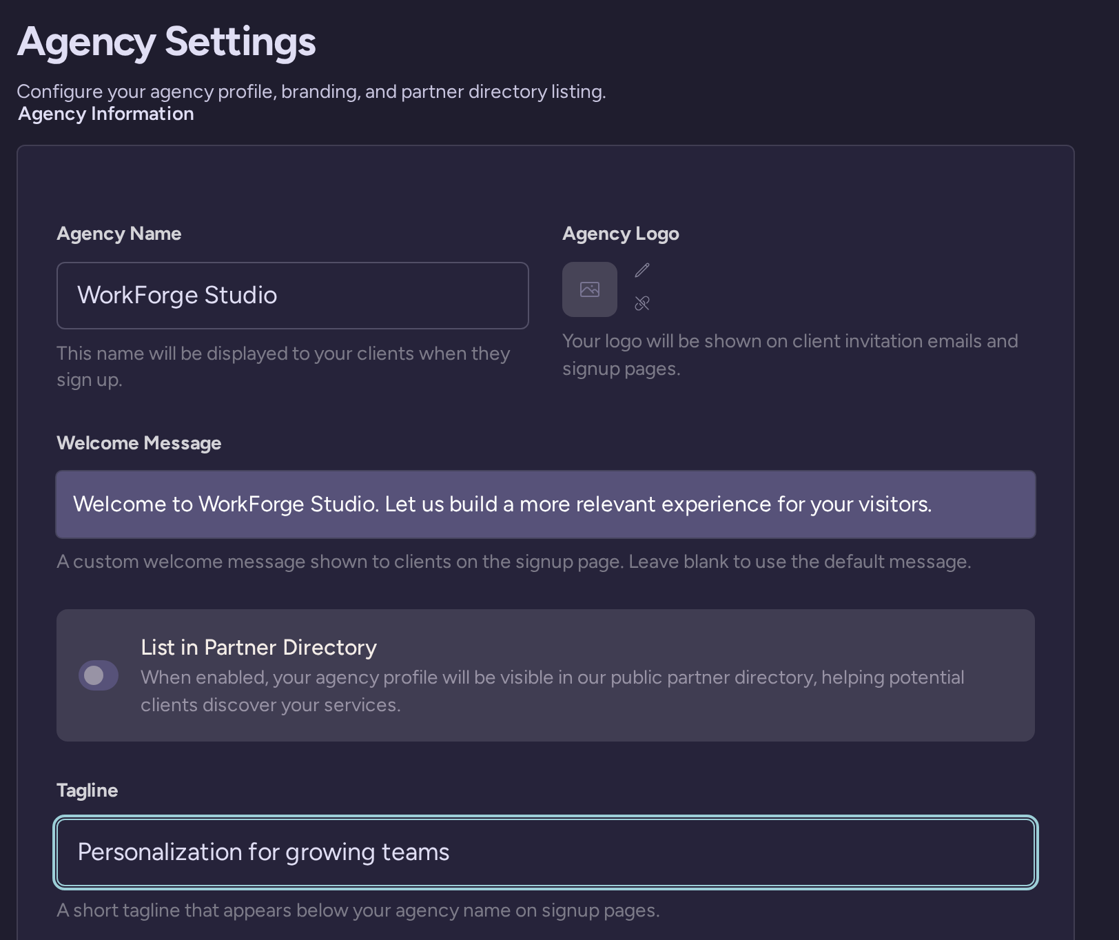 Agency profile draft with an example agency name, welcome message and tagline
