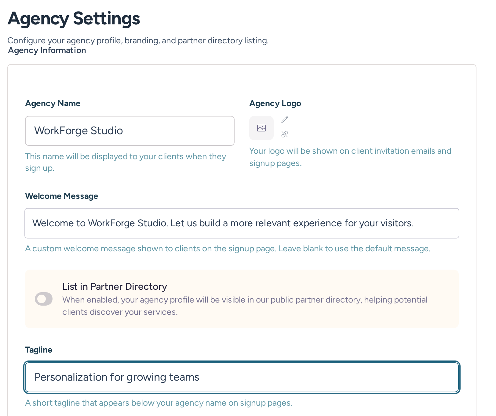 Agency profile draft with an example agency name, welcome message and tagline