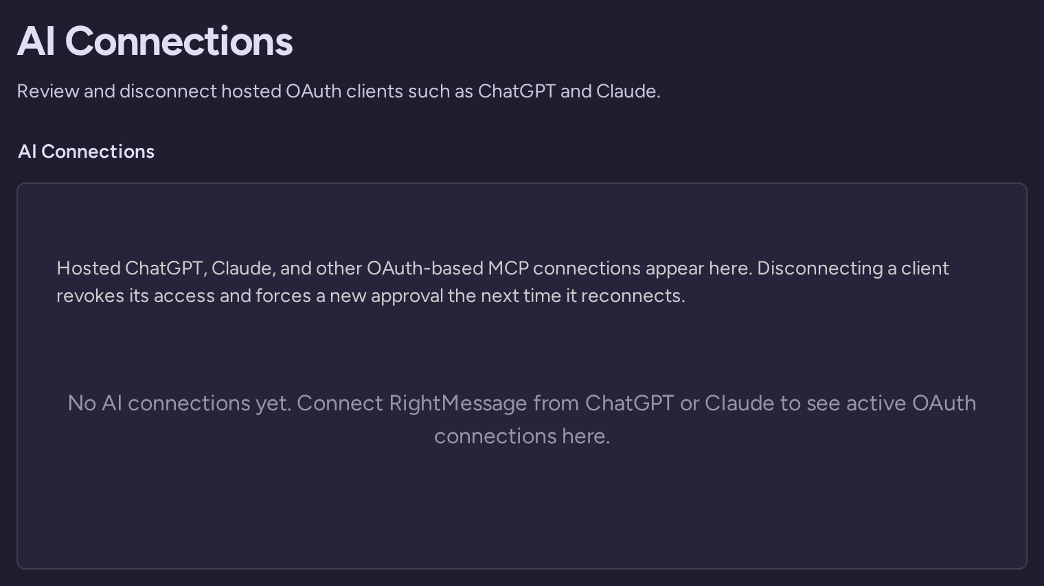 AI Connections settings explaining where authorized ChatGPT and Claude clients appear before any are connected