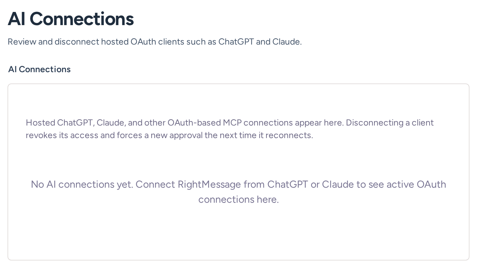 AI Connections settings explaining where authorized ChatGPT and Claude clients appear before any are connected