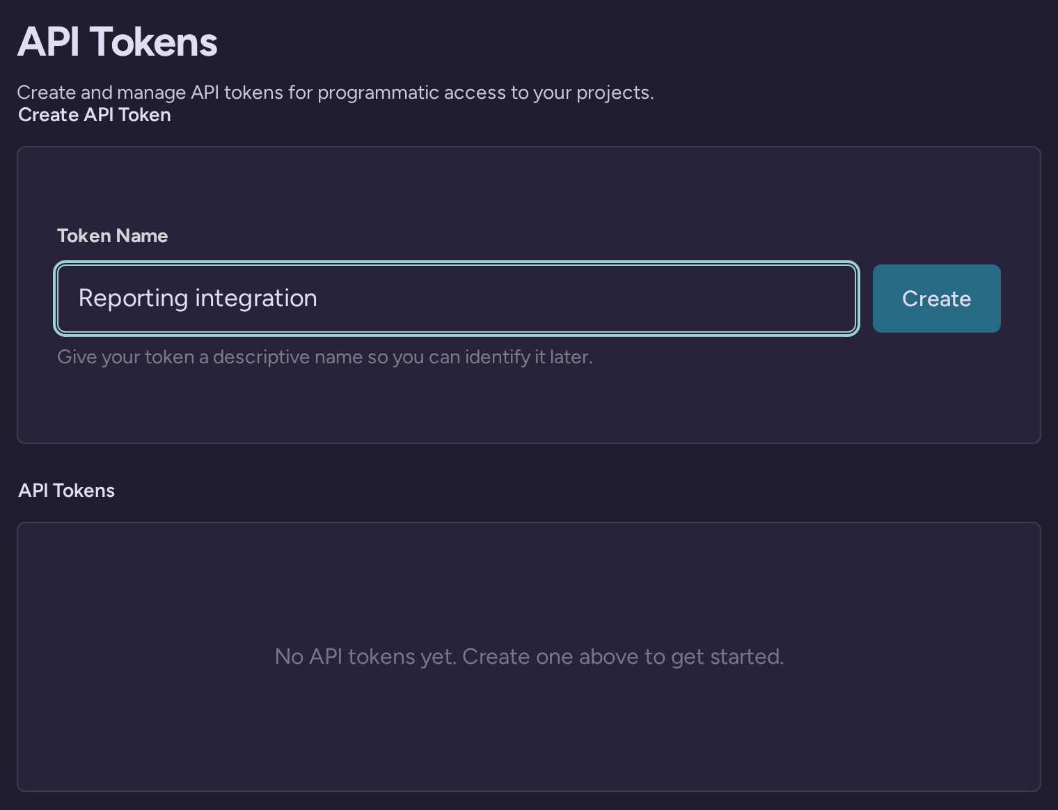 API token creation form with an example integration name before creating the first token