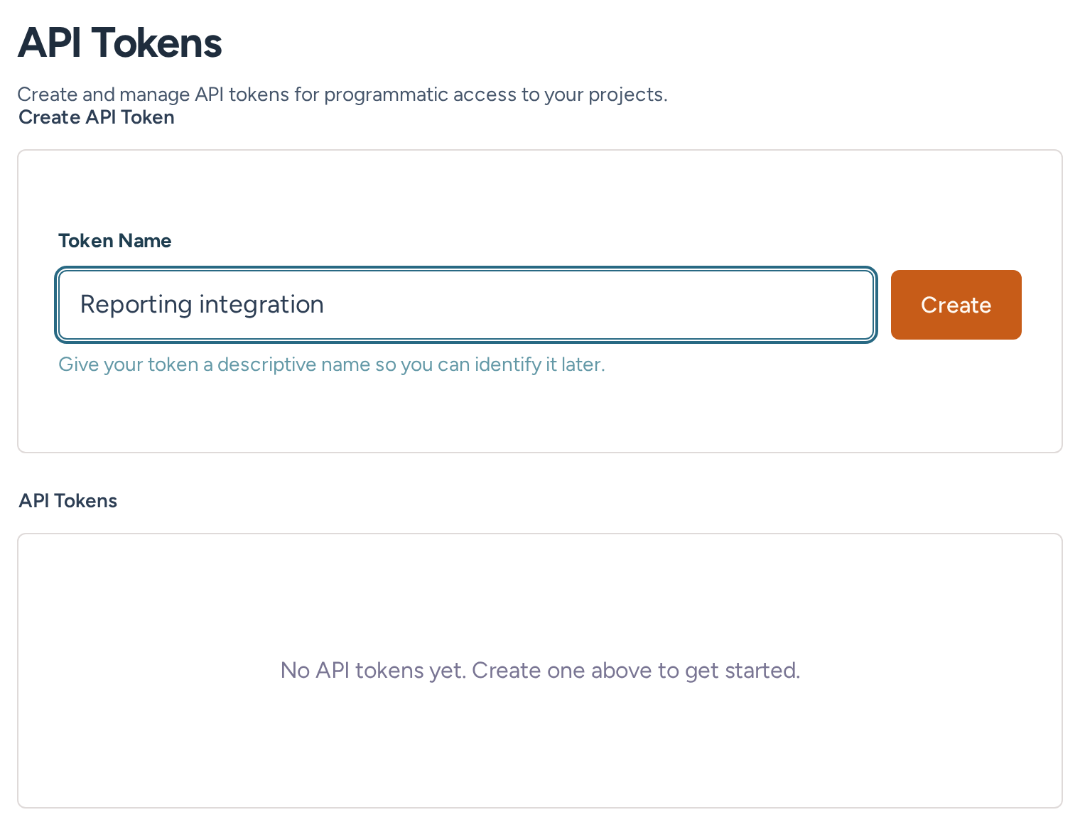 API token creation form with an example integration name before creating the first token