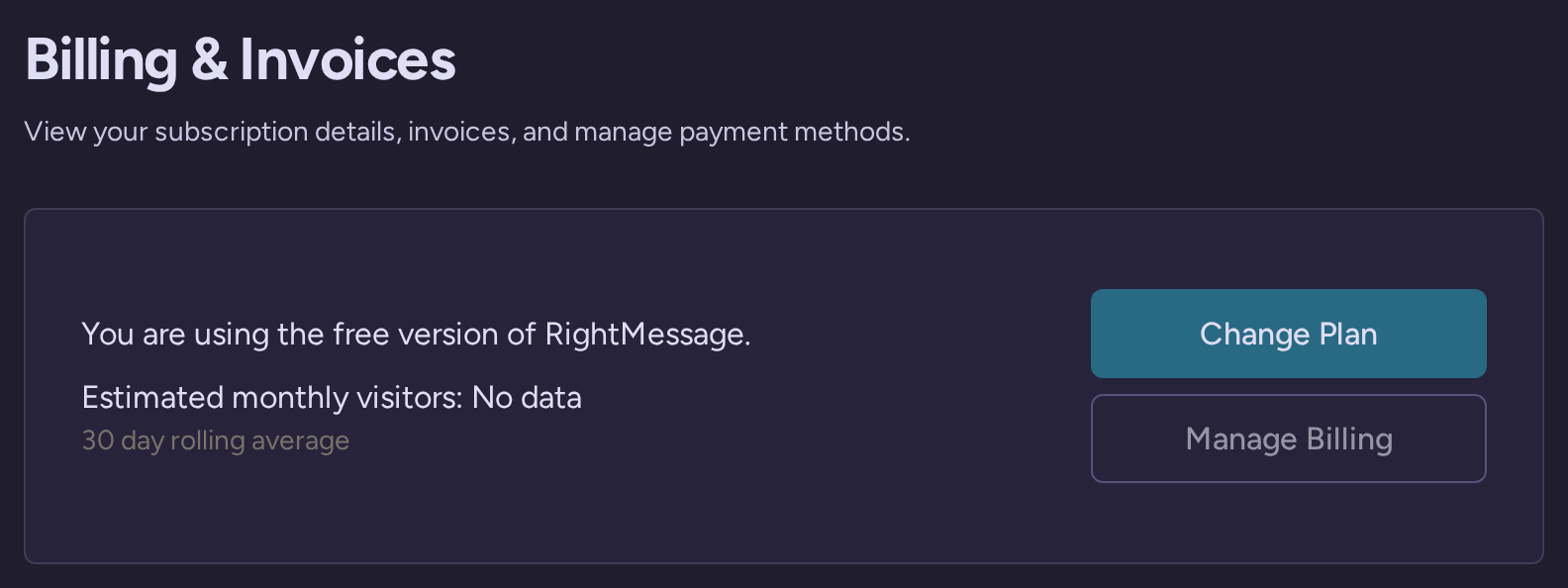 Account billing and invoices settings with change-plan and manage-billing actions