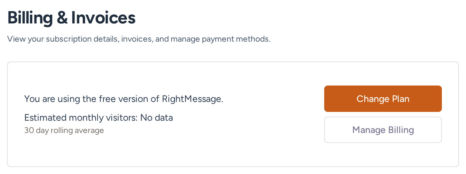 Account billing and invoices settings with change-plan and manage-billing actions