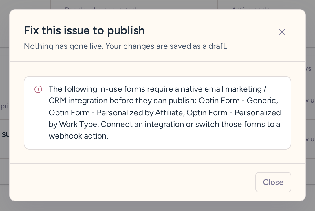Publish validation explaining that forms need an email integration before the draft can go live