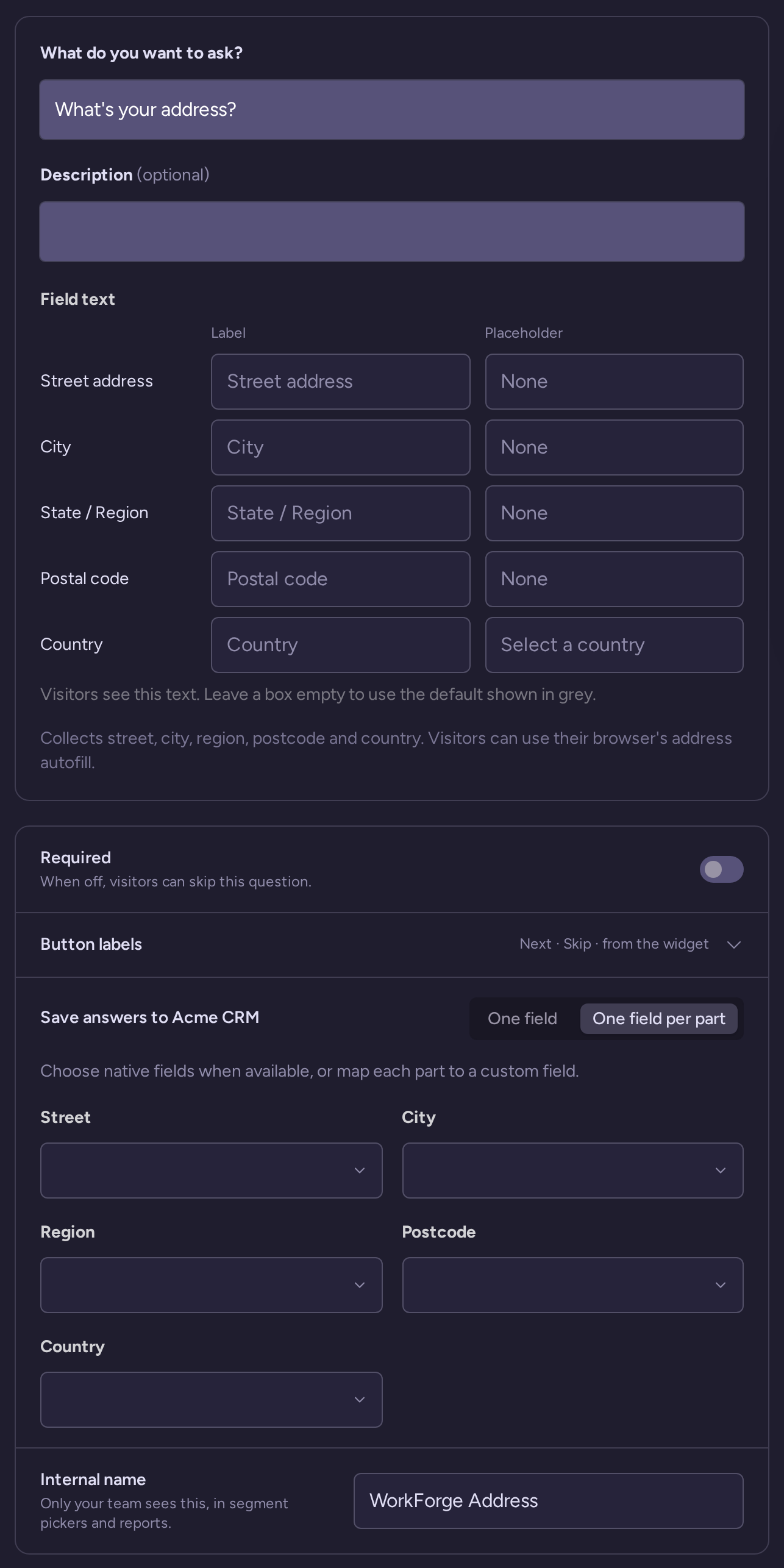 Address question draft with wording, type-specific settings, behavior, and internal name