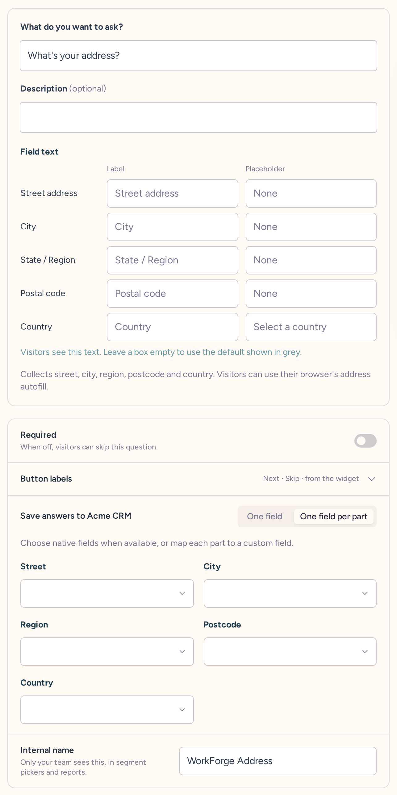 Address question draft with wording, type-specific settings, behavior, and internal name