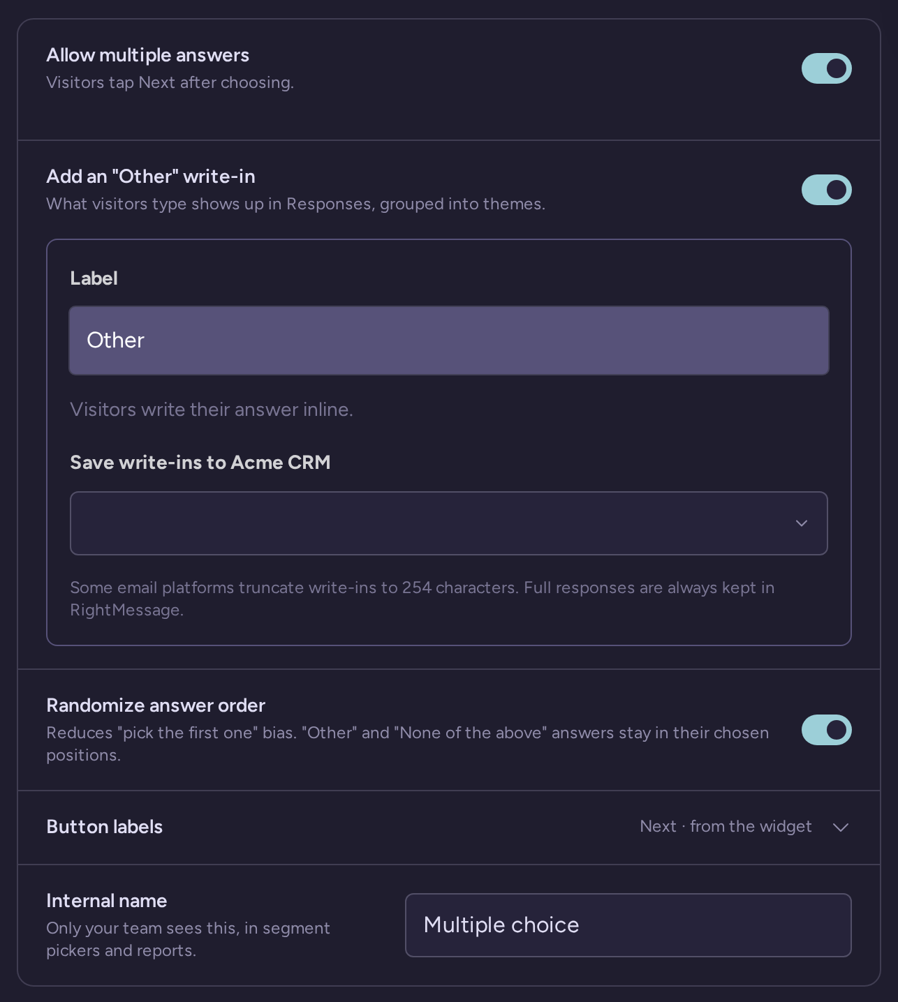 Multiple choice settings with multiple answers, an inline Other write-in, and random answer order enabled