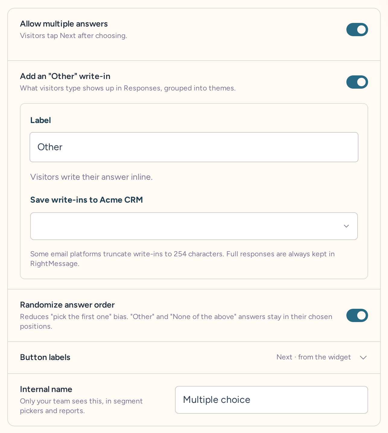 Multiple choice settings with multiple answers, an inline Other write-in, and random answer order enabled
