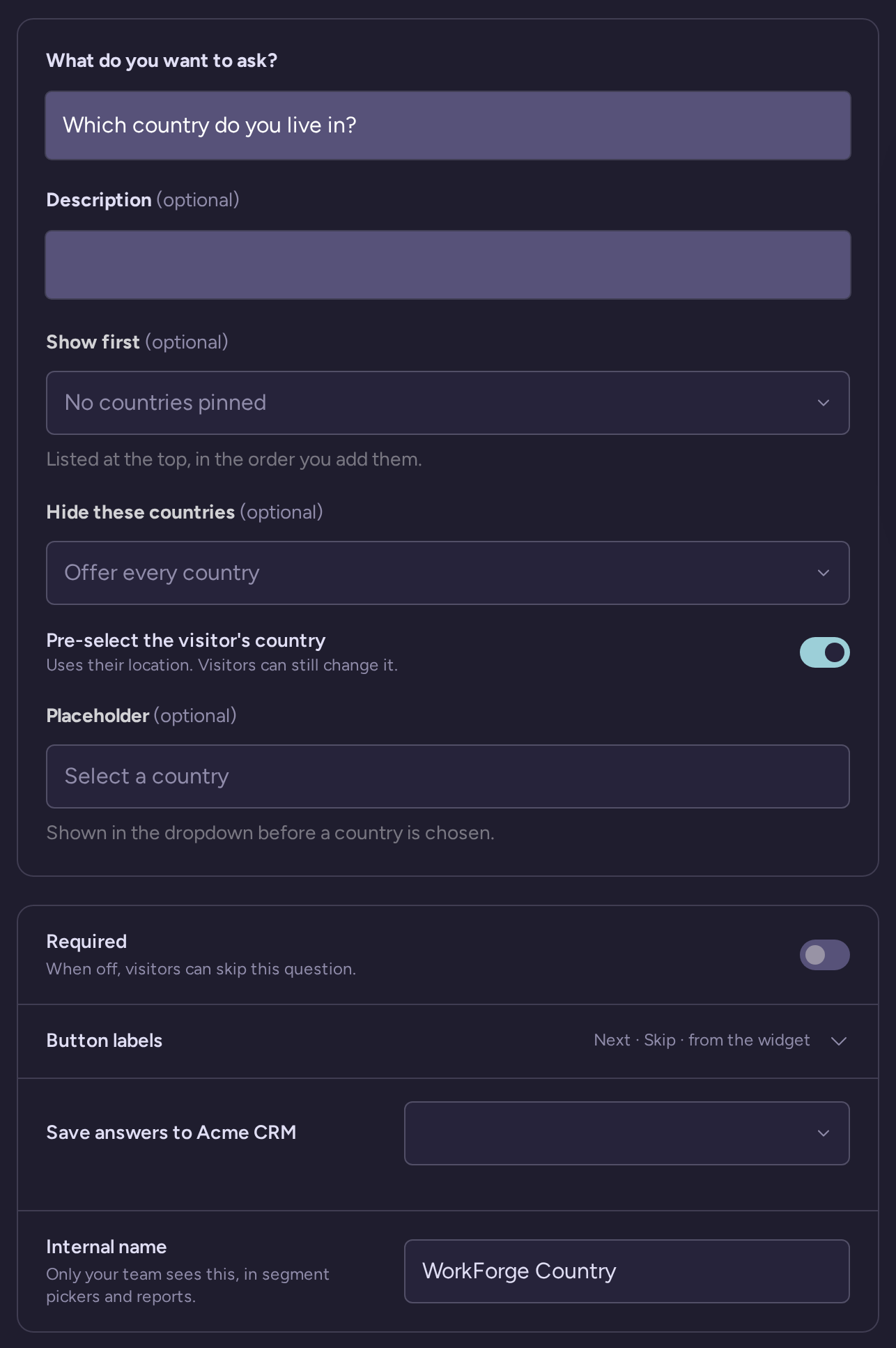 Country question draft with wording, type-specific settings, behavior, and internal name