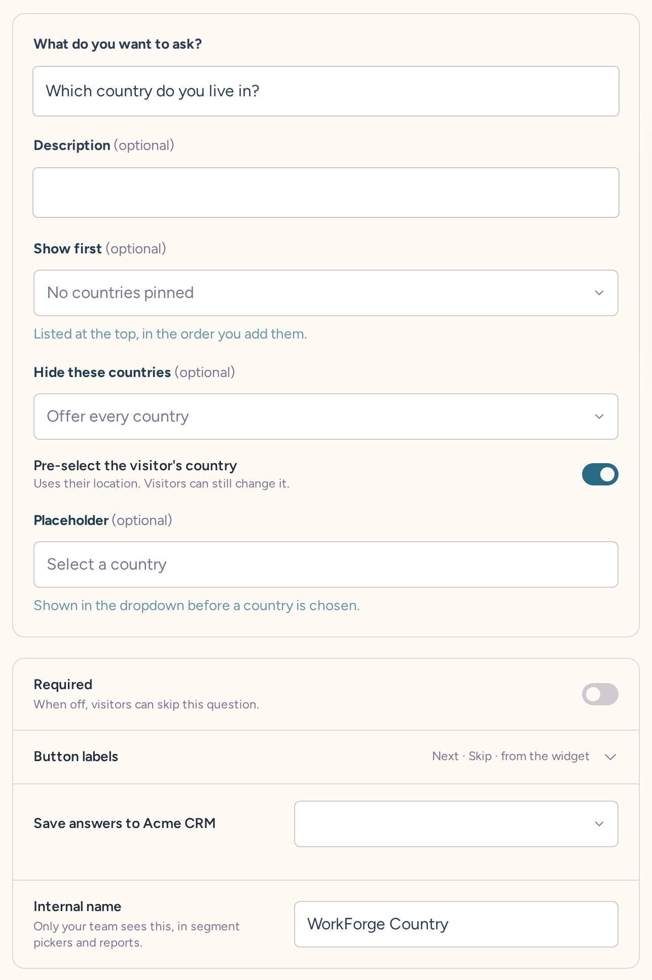 Country question draft with wording, type-specific settings, behavior, and internal name