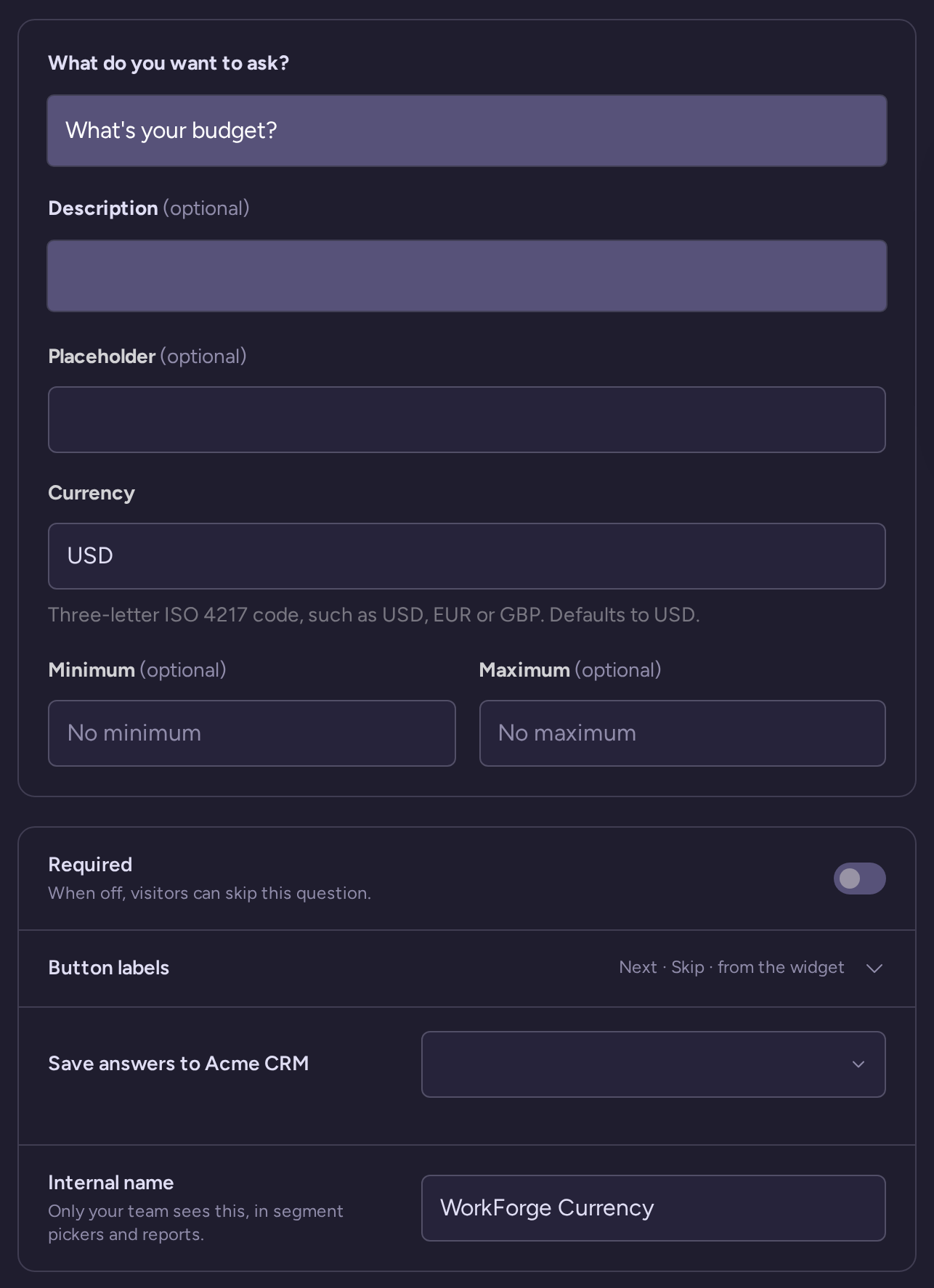 Currency question draft with wording, type-specific settings, behavior, and internal name