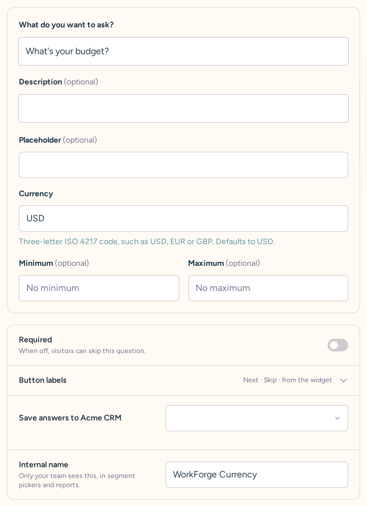 Currency question draft with wording, type-specific settings, behavior, and internal name