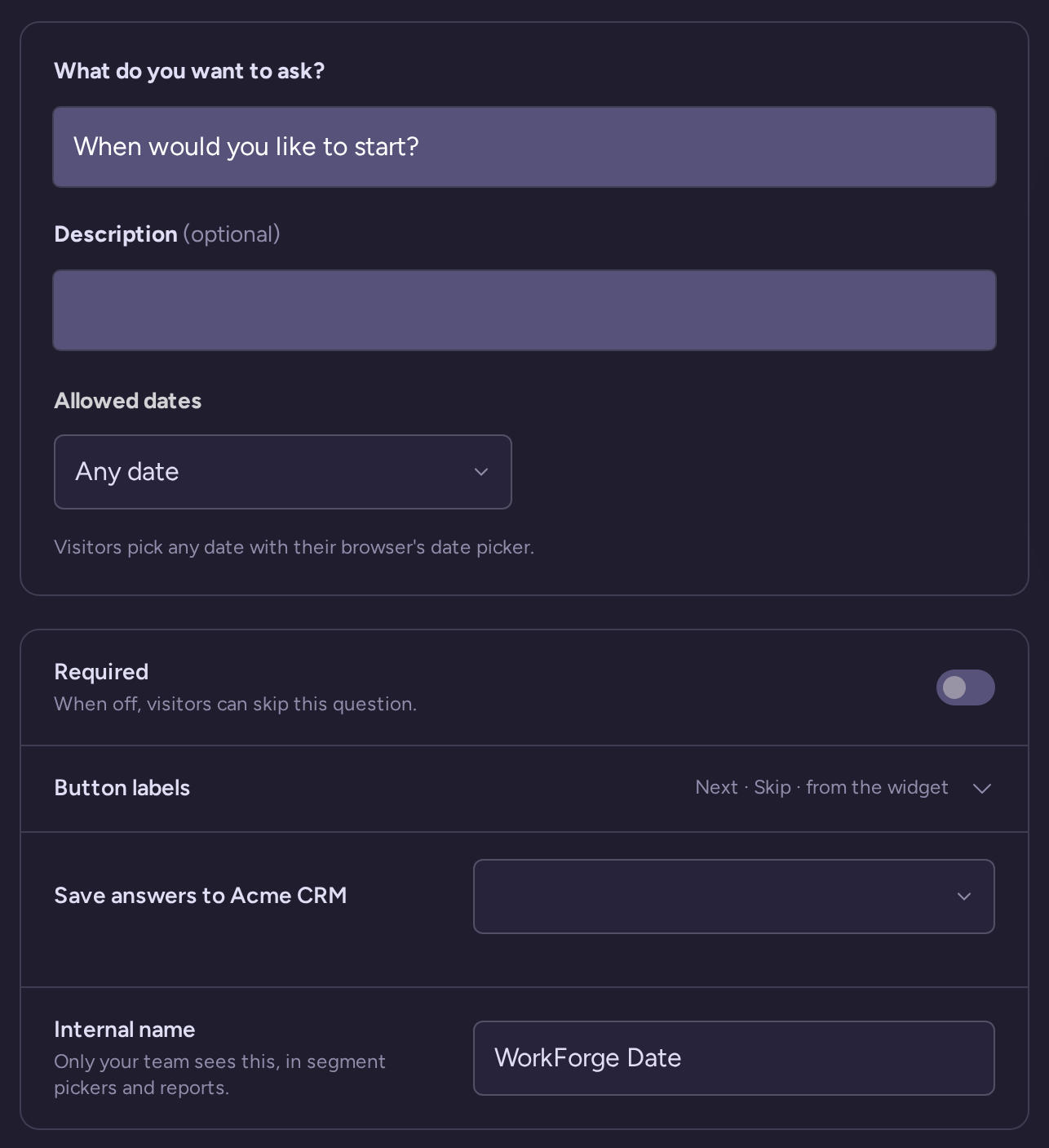 Date question draft with wording, type-specific settings, behavior, and internal name