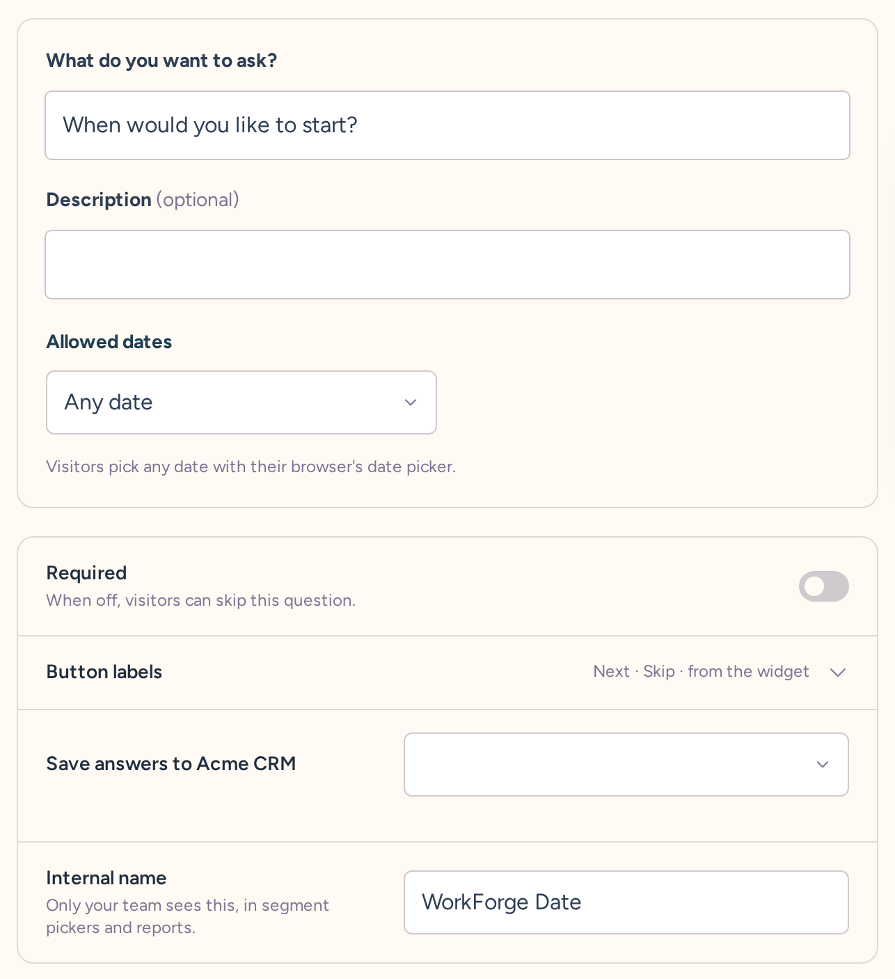 Date question draft with wording, type-specific settings, behavior, and internal name