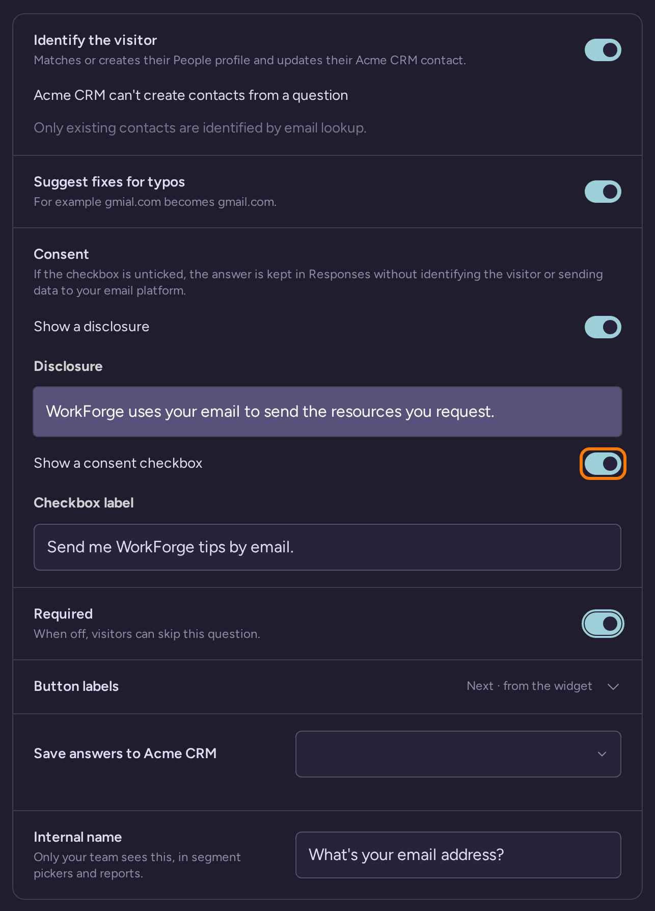 Email question with identification, typo suggestions, disclosure, and consent checkbox settings