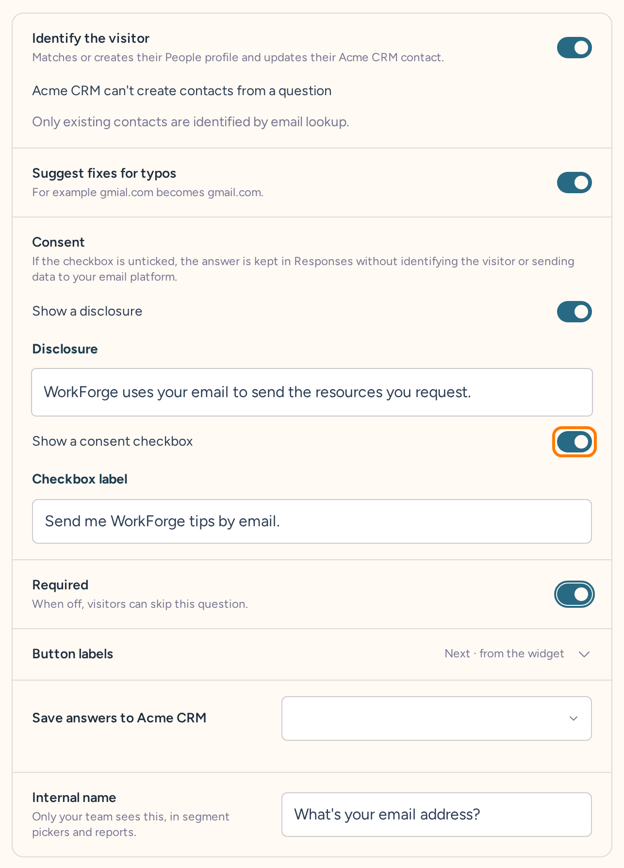 Email question with identification, typo suggestions, disclosure, and consent checkbox settings
