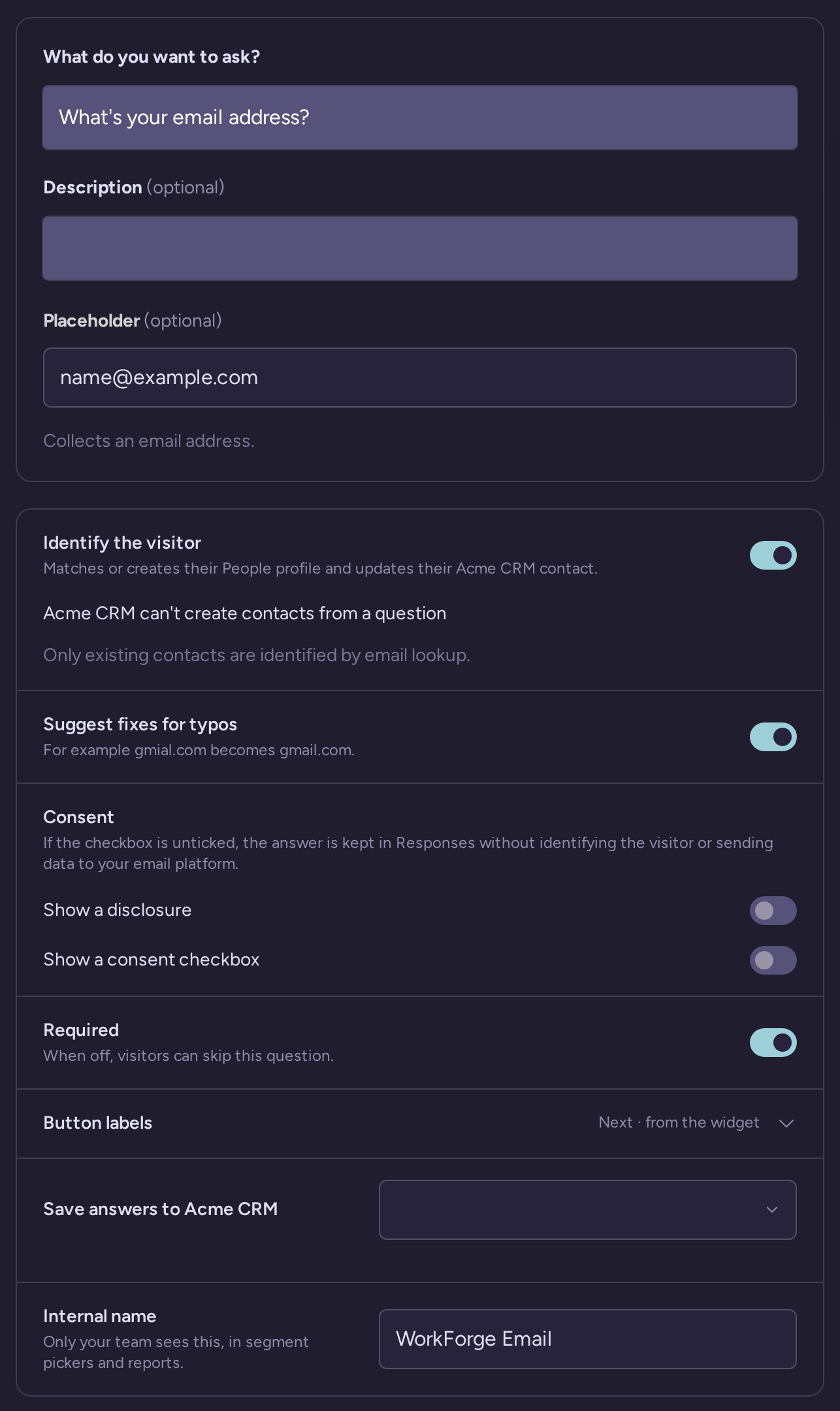 Email question draft with wording, type-specific settings, behavior, and internal name