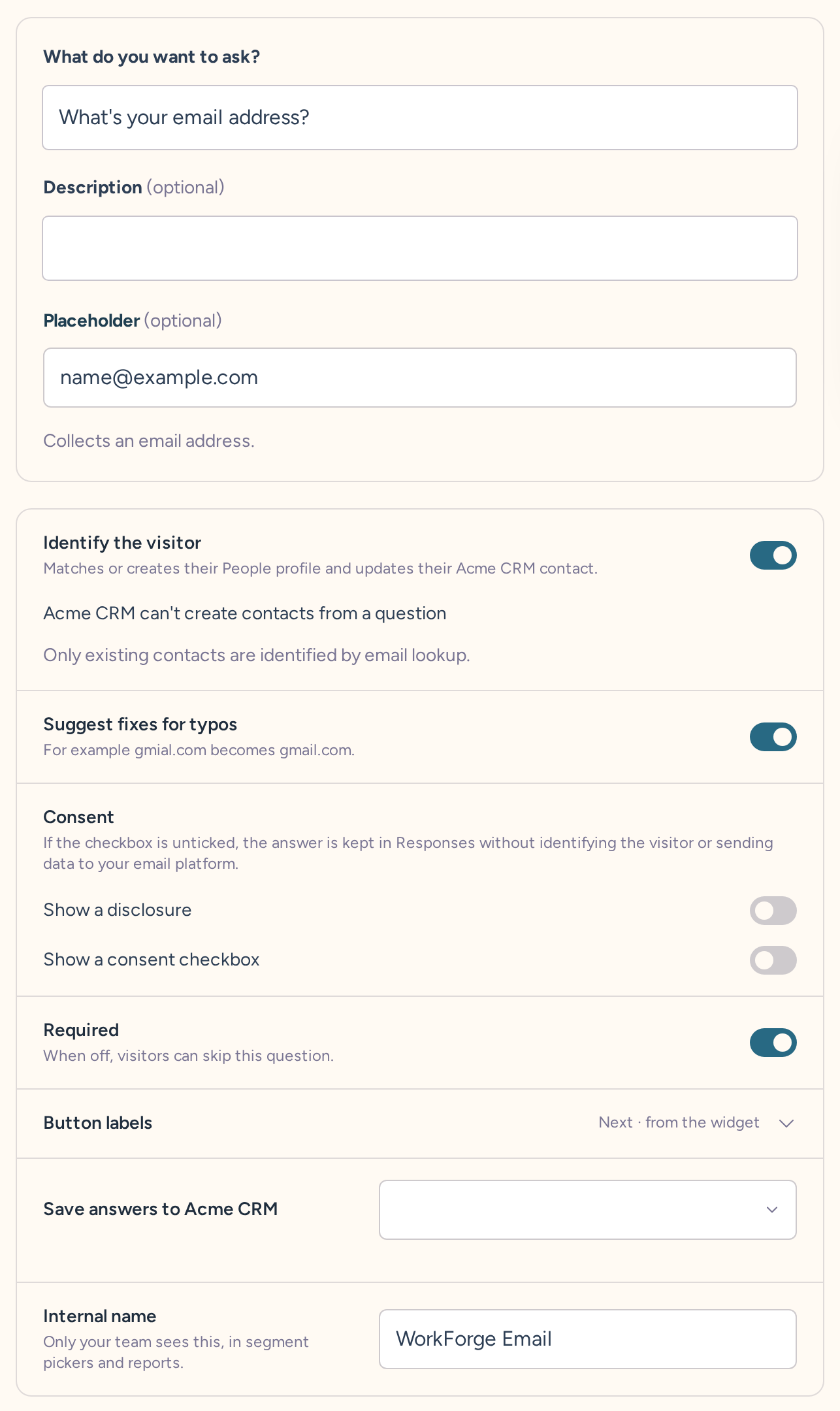 Email question draft with wording, type-specific settings, behavior, and internal name