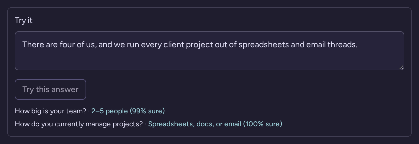 Try it box with a sample answer about four people using spreadsheets, filling team size and project tools