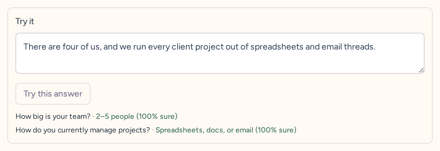 Try it box with a sample answer about four people using spreadsheets, filling team size and project tools