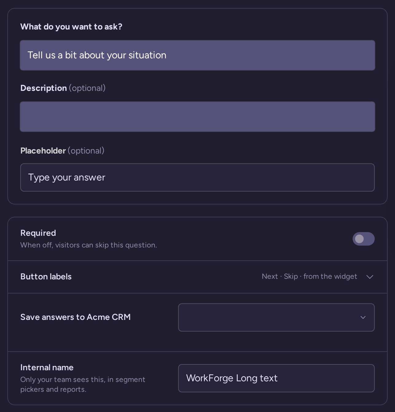 Long text question draft with wording, type-specific settings, behavior, and internal name