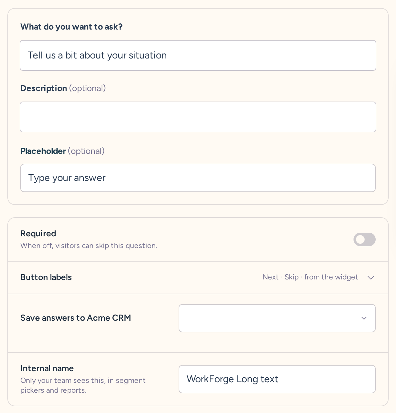 Long text question draft with wording, type-specific settings, behavior, and internal name