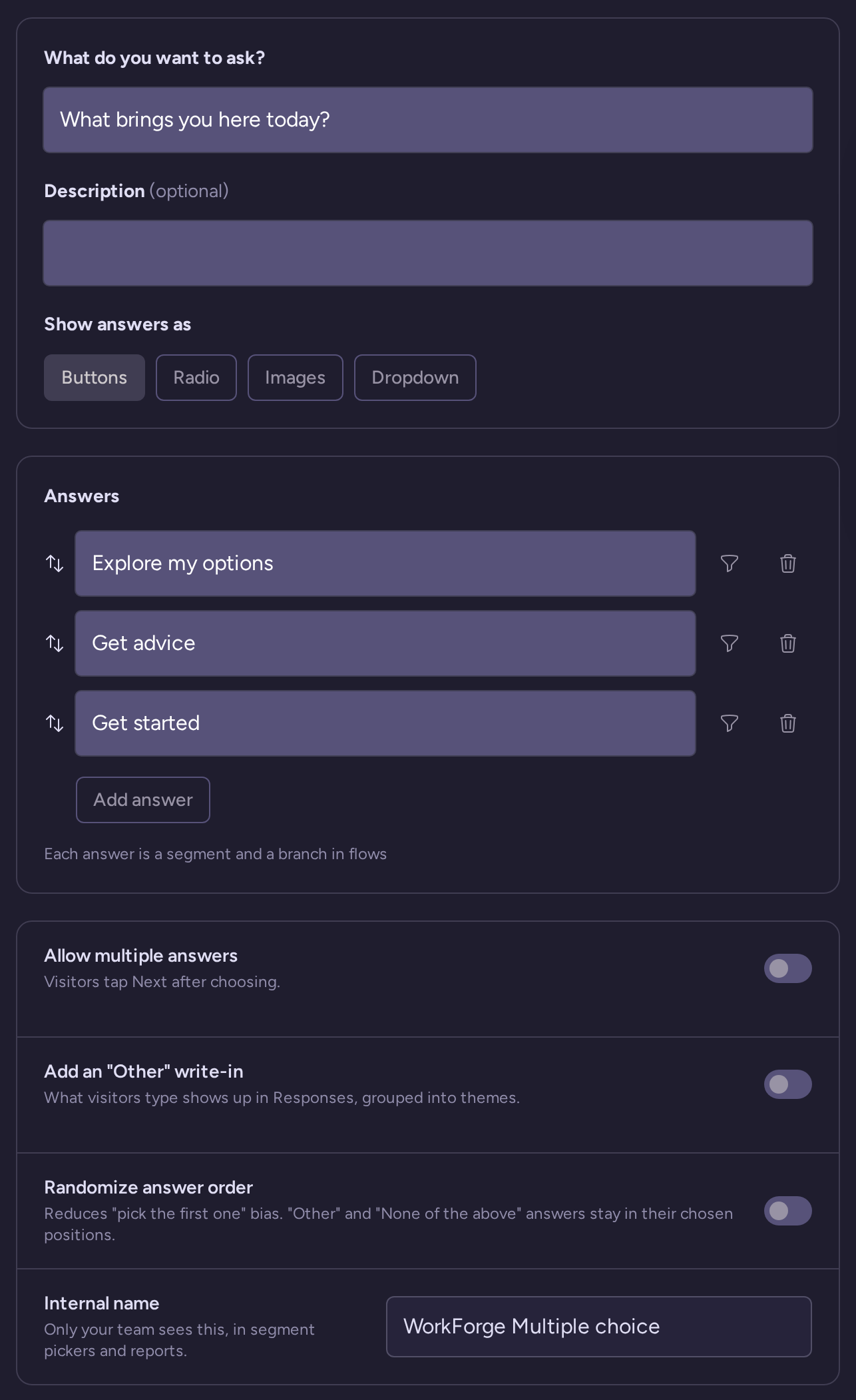 Multiple choice question draft with wording, type-specific settings, behavior, and internal name