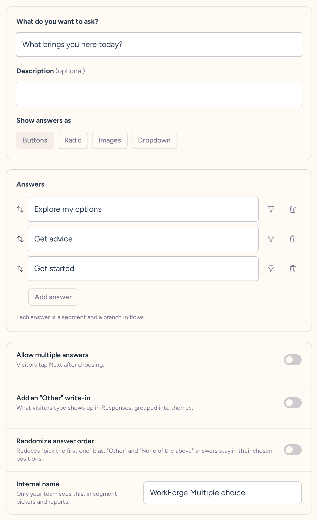 Multiple choice question draft with wording, type-specific settings, behavior, and internal name