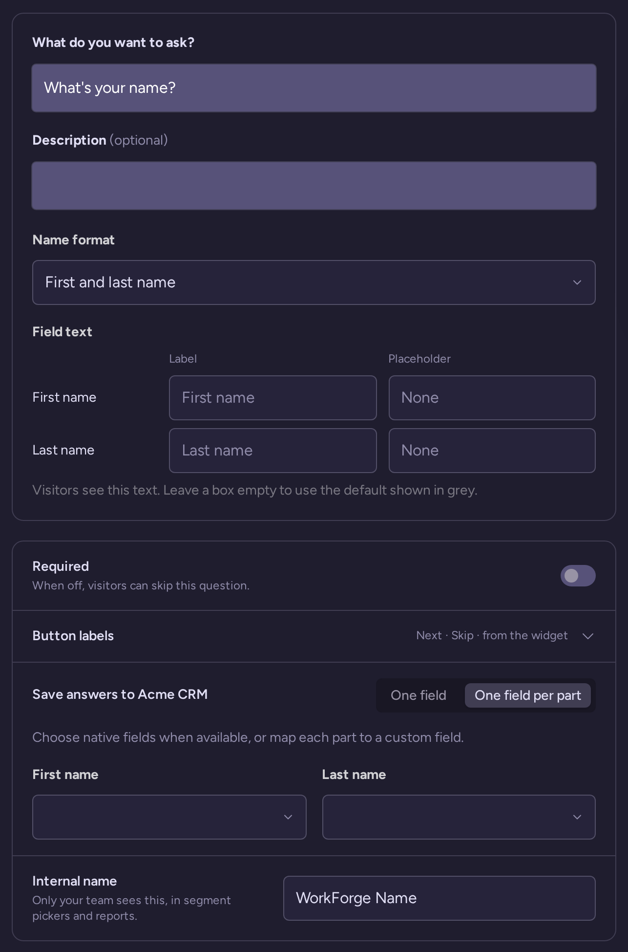 Name question draft with wording, type-specific settings, behavior, and internal name