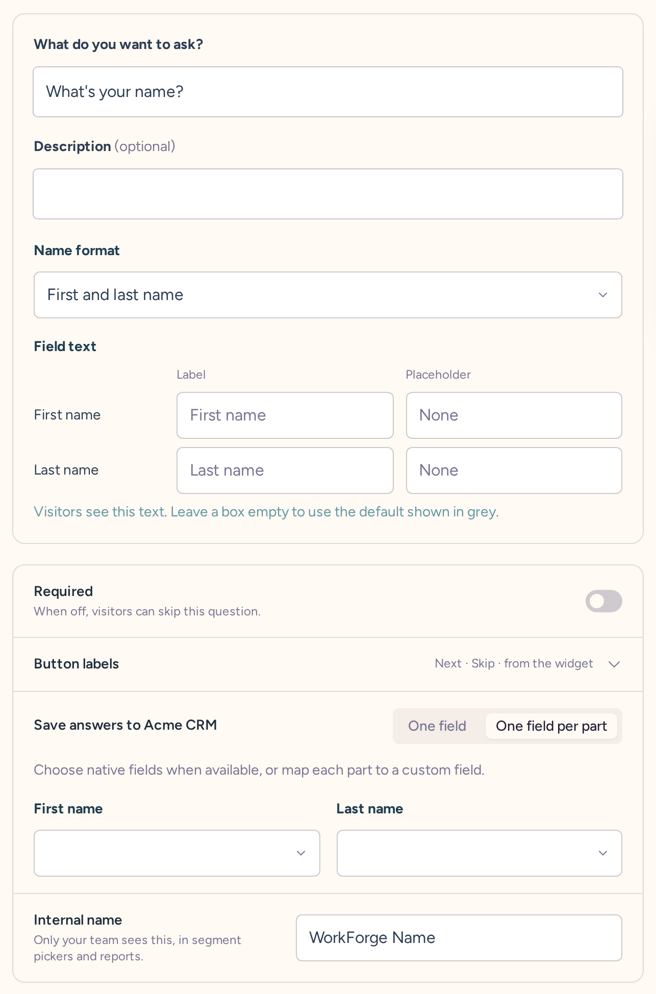 Name question draft with wording, type-specific settings, behavior, and internal name