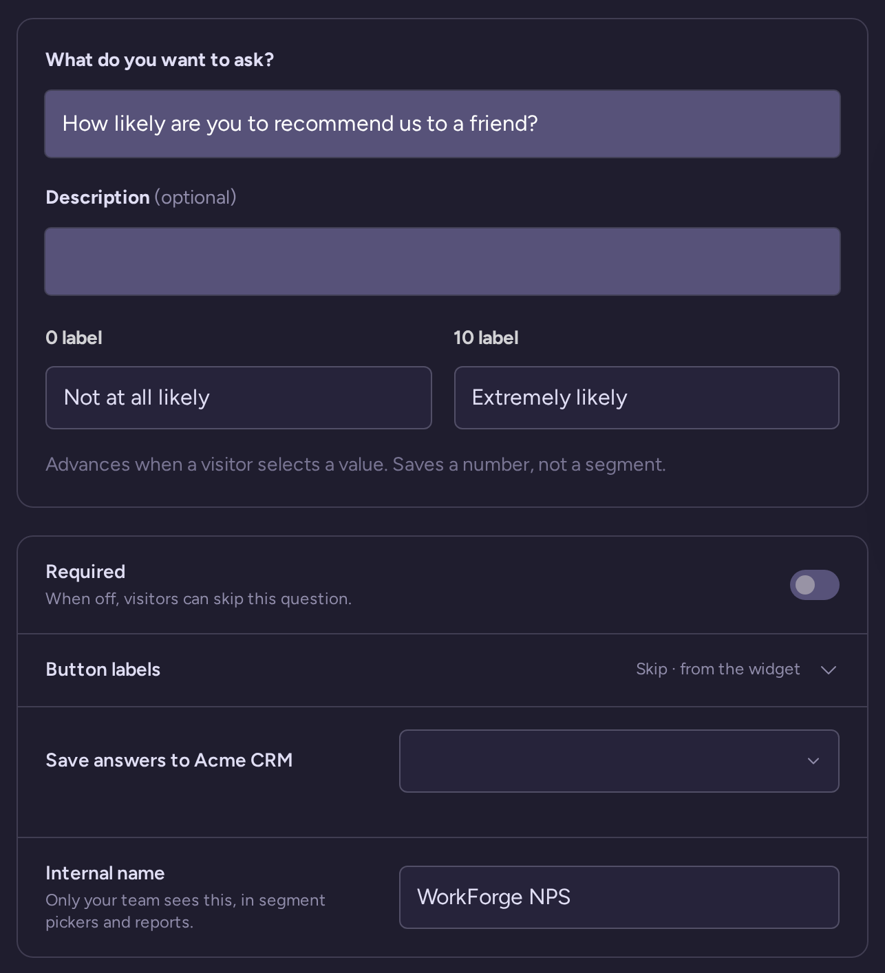 NPS question draft with wording, type-specific settings, behavior, and internal name