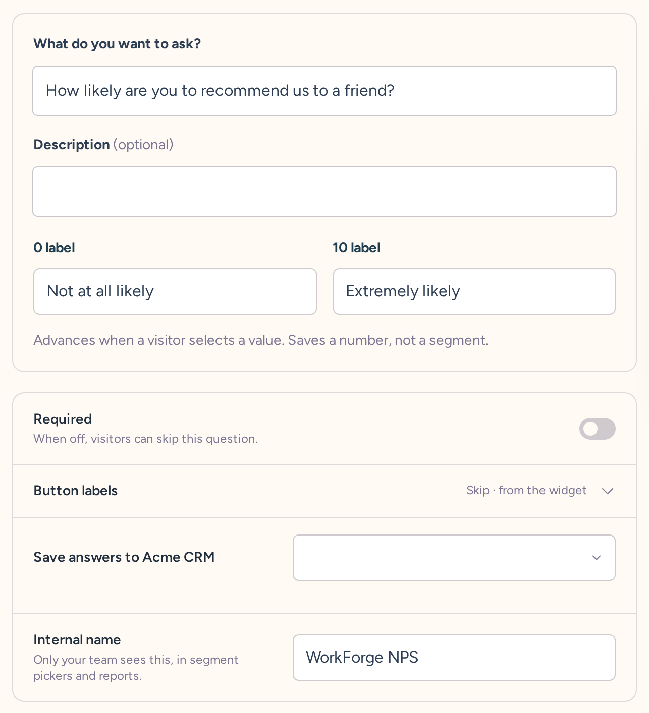 NPS question draft with wording, type-specific settings, behavior, and internal name