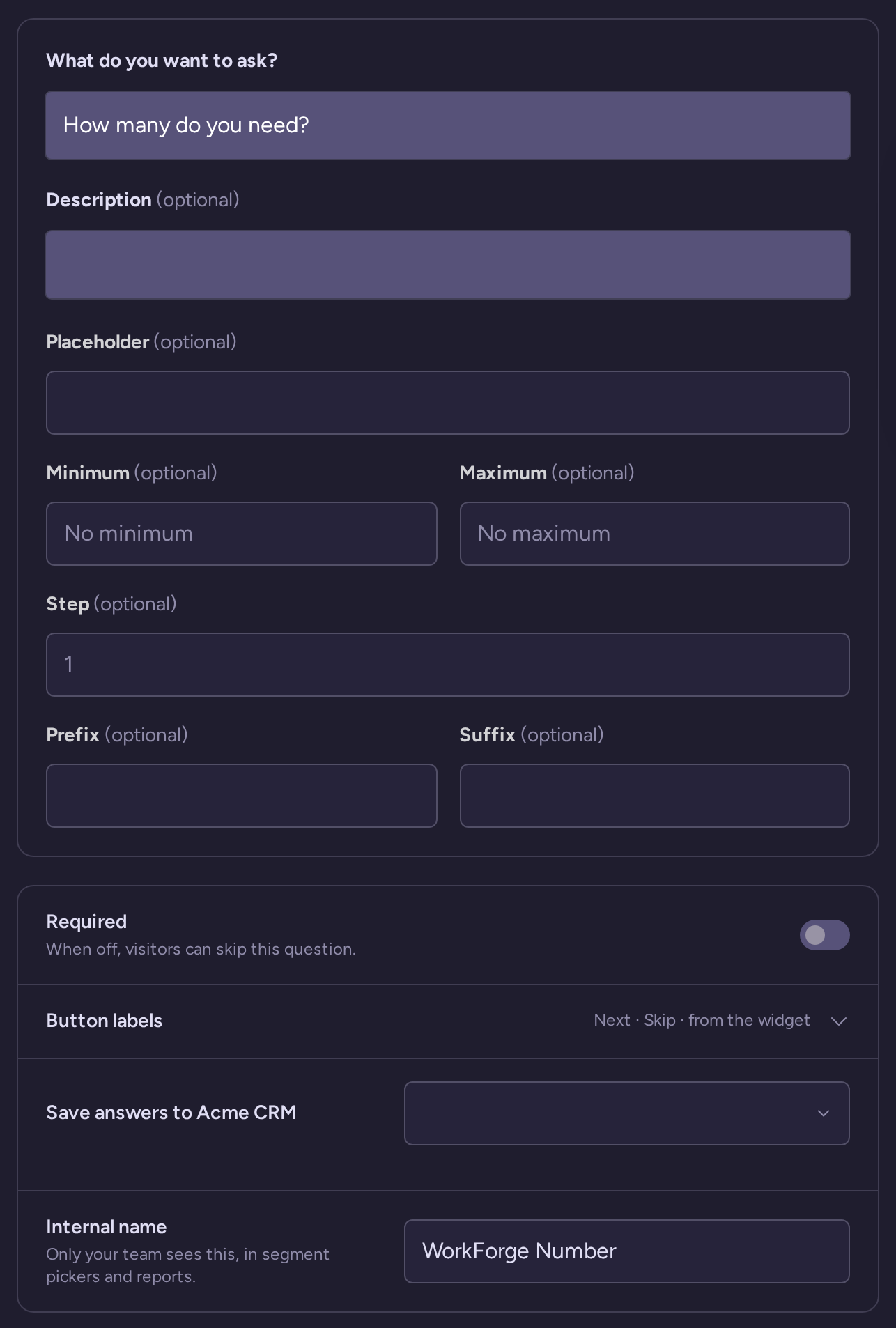 Number question draft with wording, type-specific settings, behavior, and internal name