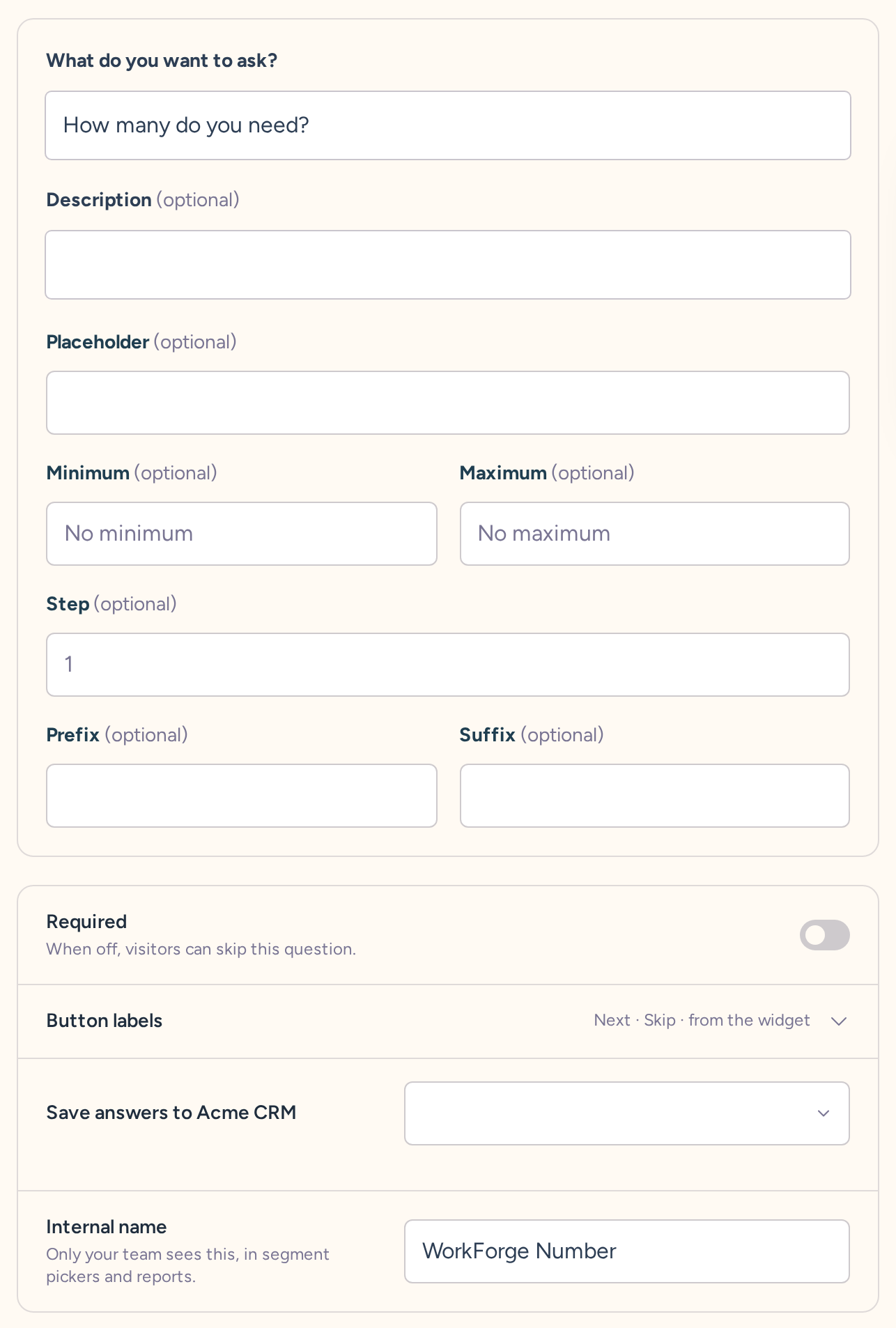 Number question draft with wording, type-specific settings, behavior, and internal name