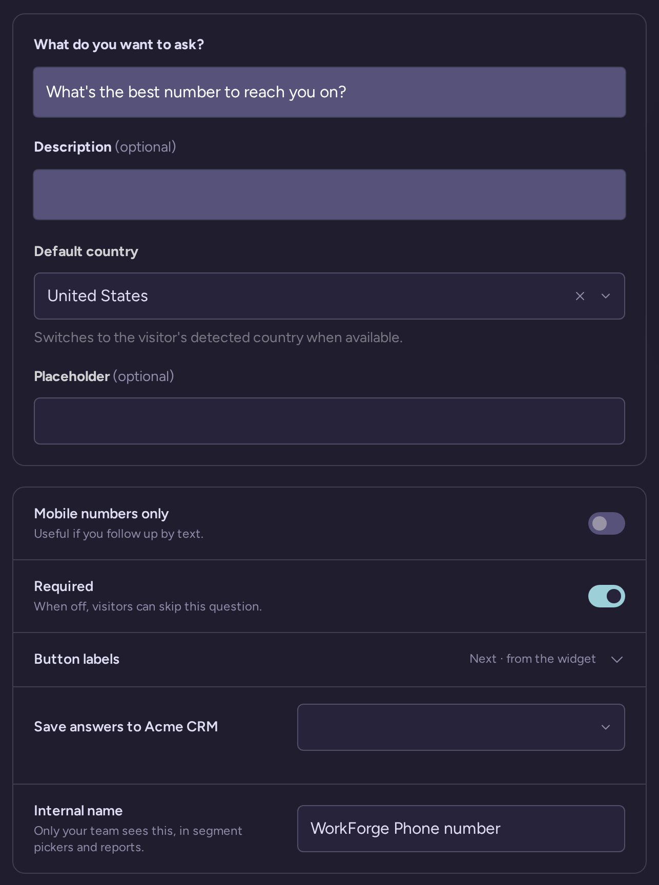 Phone number question draft with wording, type-specific settings, behavior, and internal name