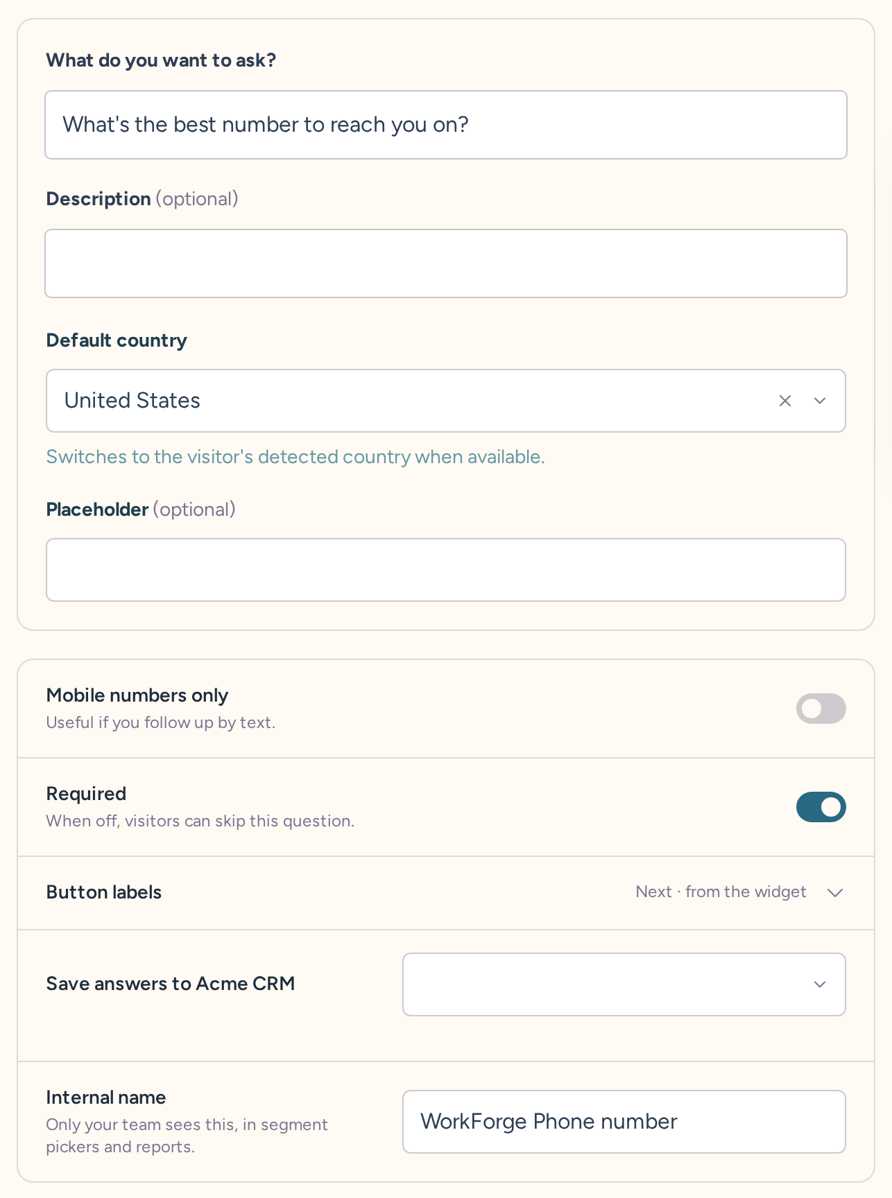 Phone number question draft with wording, type-specific settings, behavior, and internal name