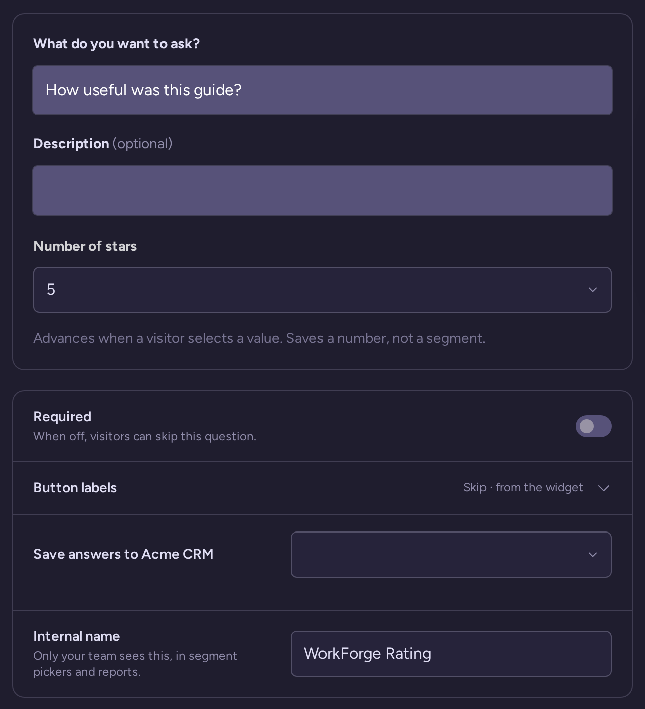 Rating question draft with wording, type-specific settings, behavior, and internal name