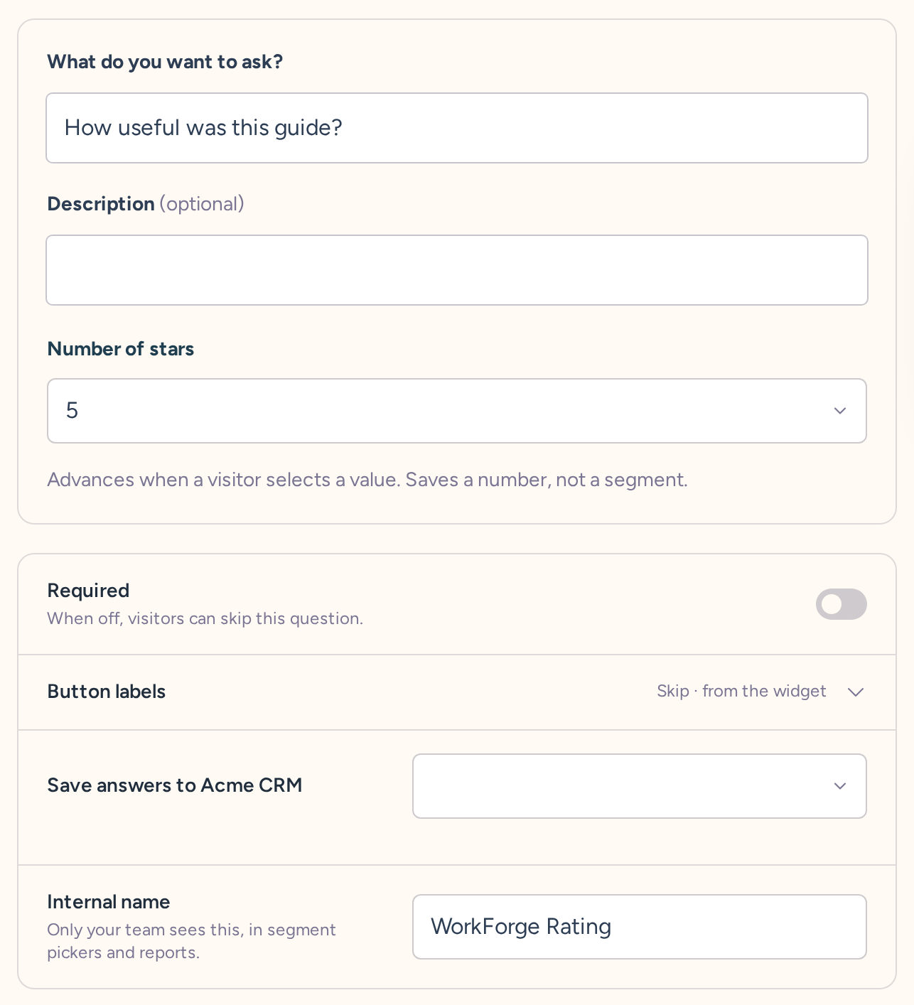 Rating question draft with wording, type-specific settings, behavior, and internal name
