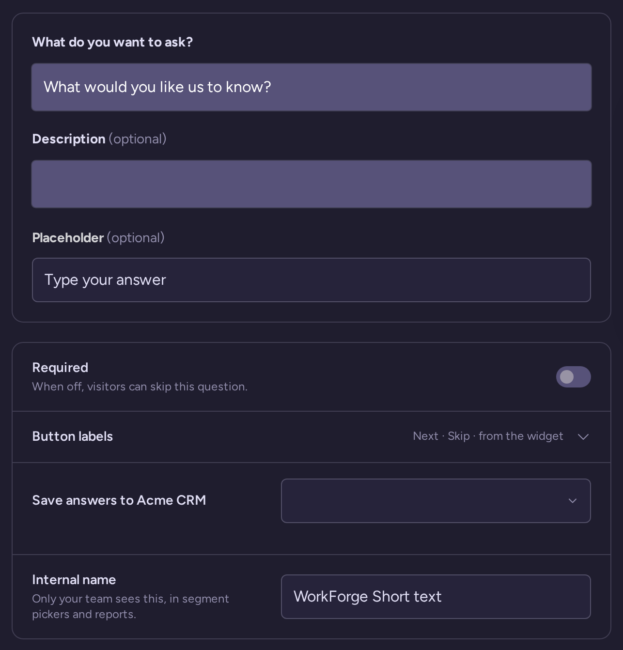 Short text question draft with wording, type-specific settings, behavior, and internal name