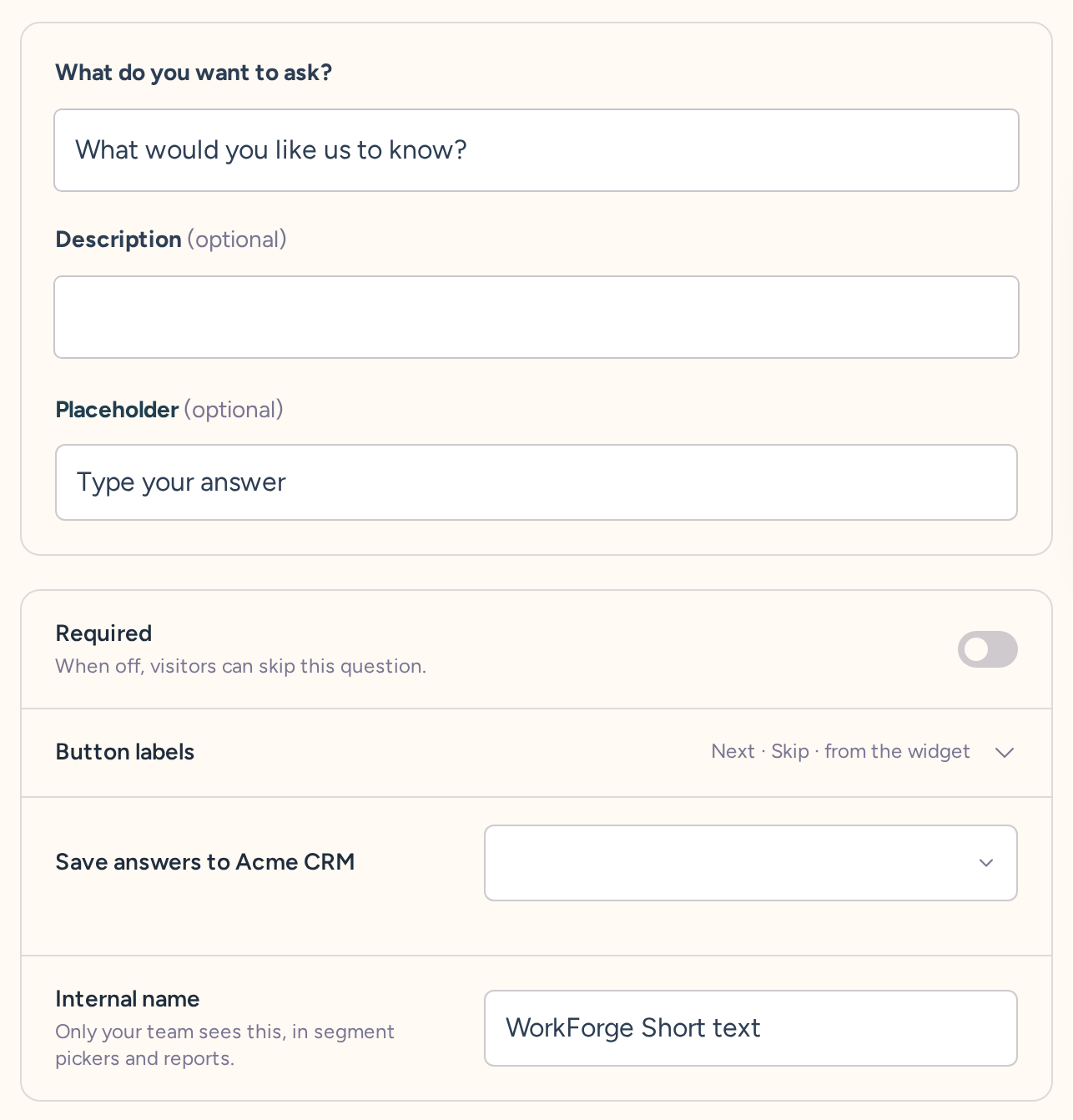 Short text question draft with wording, type-specific settings, behavior, and internal name