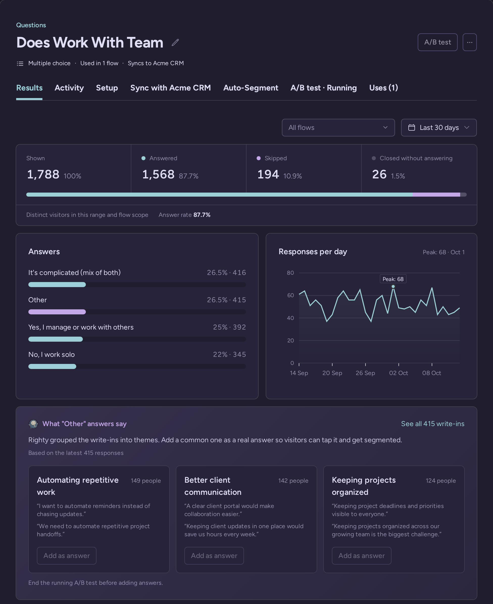 Team segmentation question results with answer distribution and daily response trends