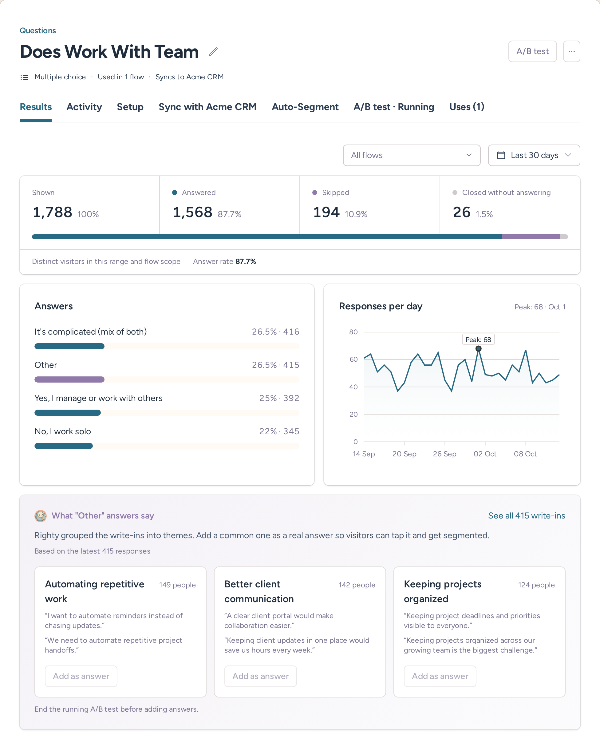 Team segmentation question results with answer distribution and daily response trends
