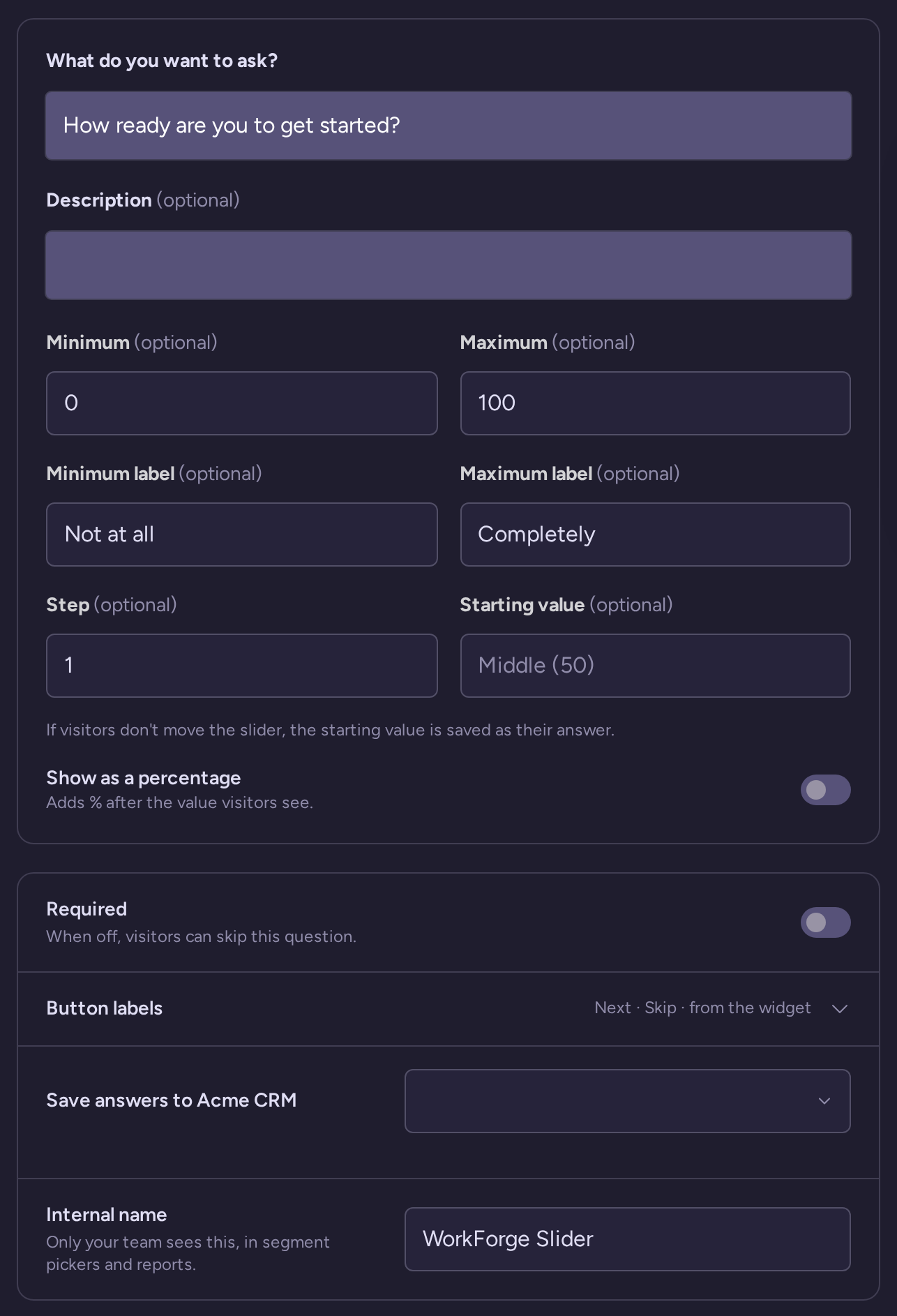 Slider question draft with wording, type-specific settings, behavior, and internal name