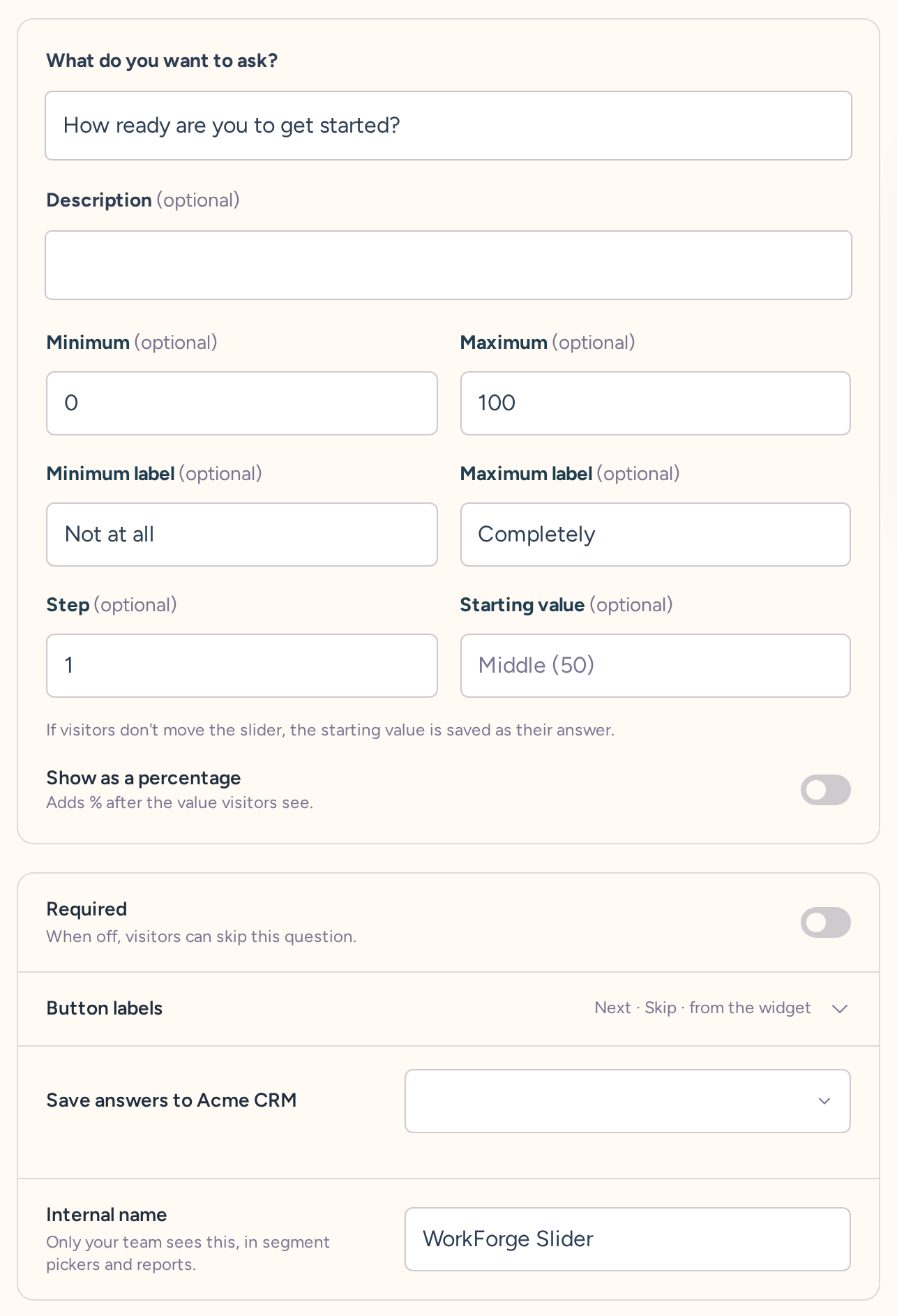 Slider question draft with wording, type-specific settings, behavior, and internal name