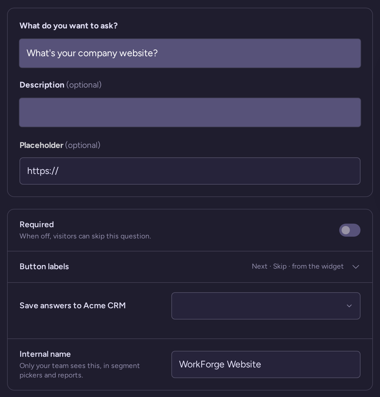Website question draft with wording, type-specific settings, behavior, and internal name